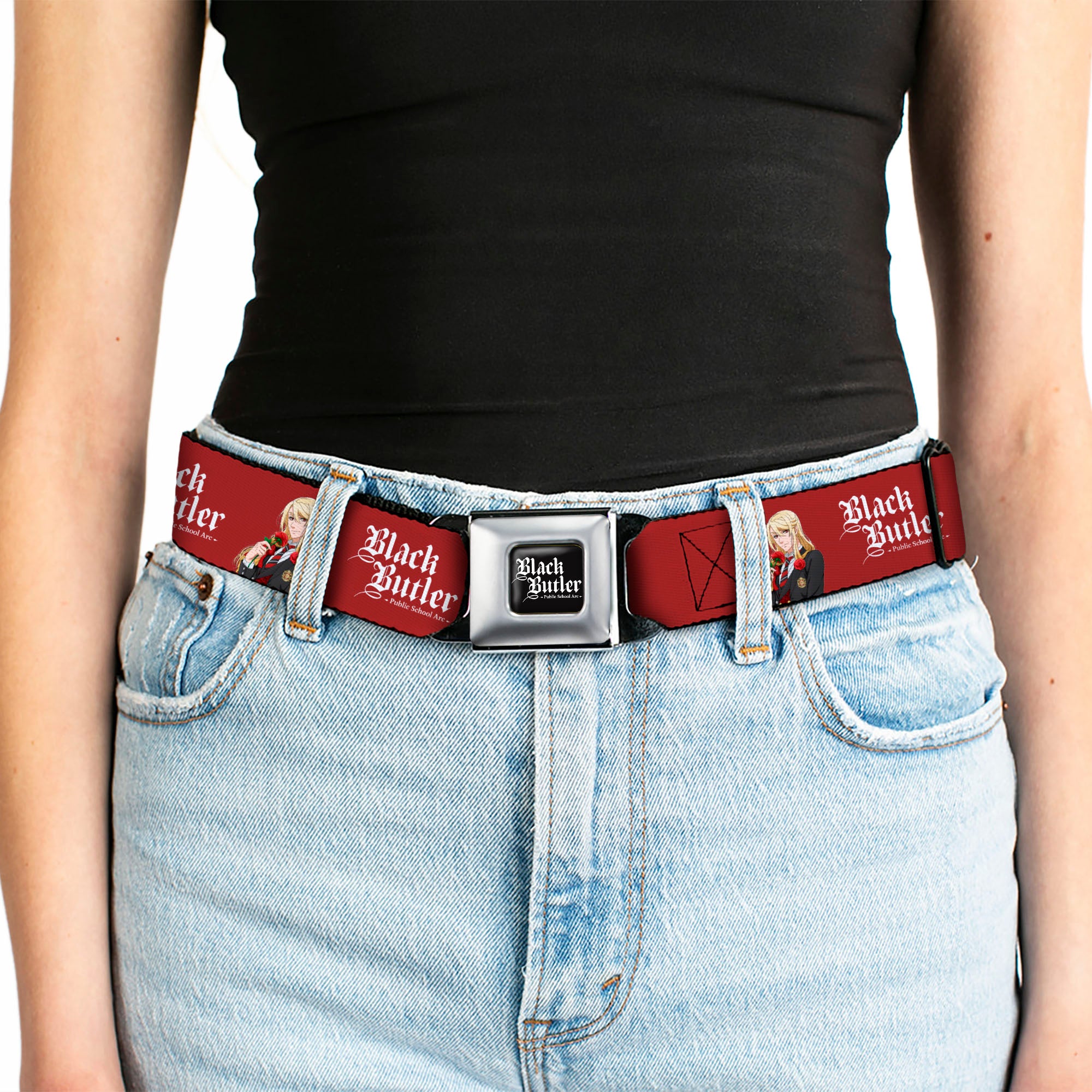 BLACK BUTLER PUBLIC SCHOOL ARC Title Logo Full Color Black/White Seatbelt Belt - BLACK BUTLER Edgar Redmond Pose and Title Logo Red Webbing Seatbelt Belts Black Butler