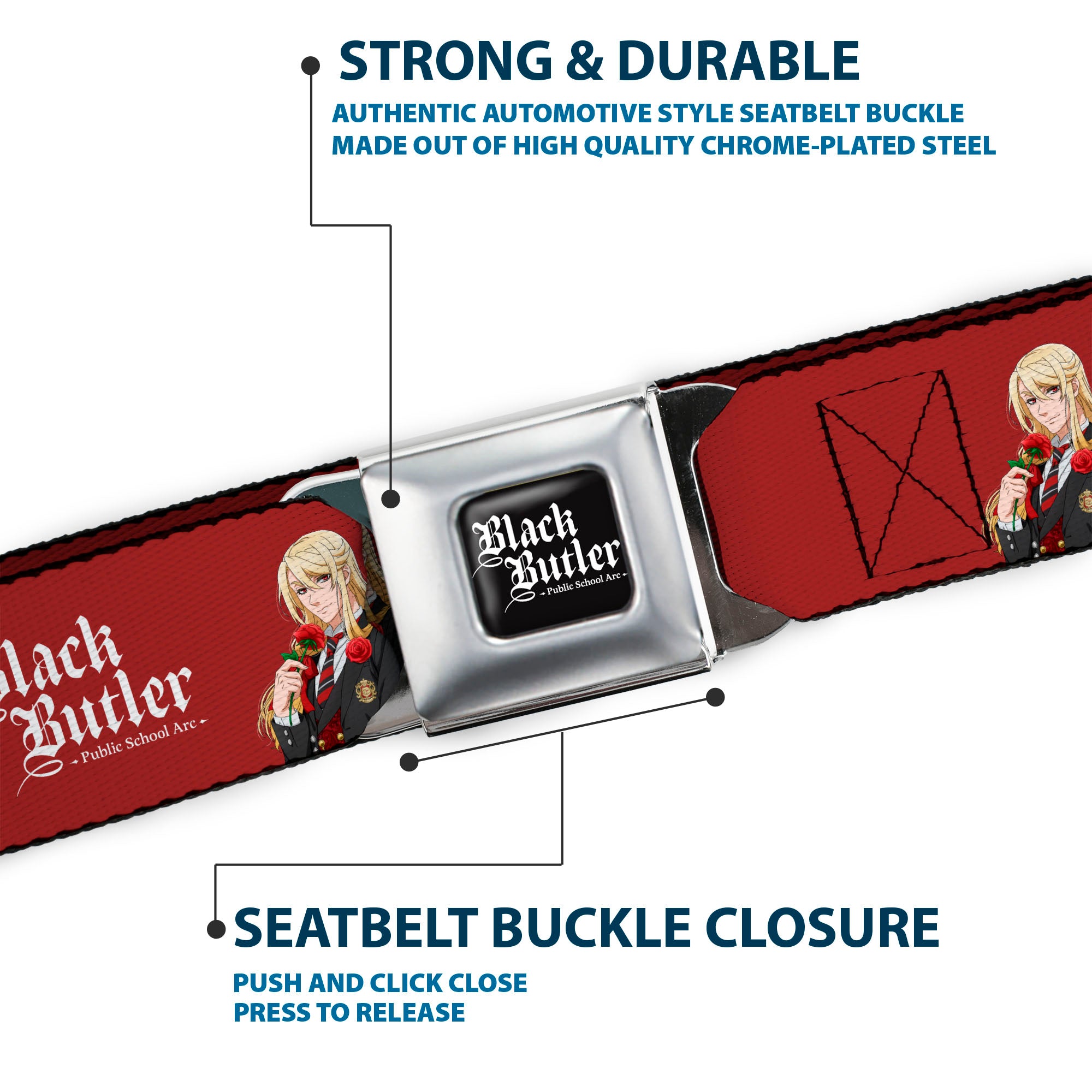 BLACK BUTLER PUBLIC SCHOOL ARC Title Logo Full Color Black/White Seatbelt Belt - BLACK BUTLER Edgar Redmond Pose and Title Logo Red Webbing Seatbelt Belts Black Butler