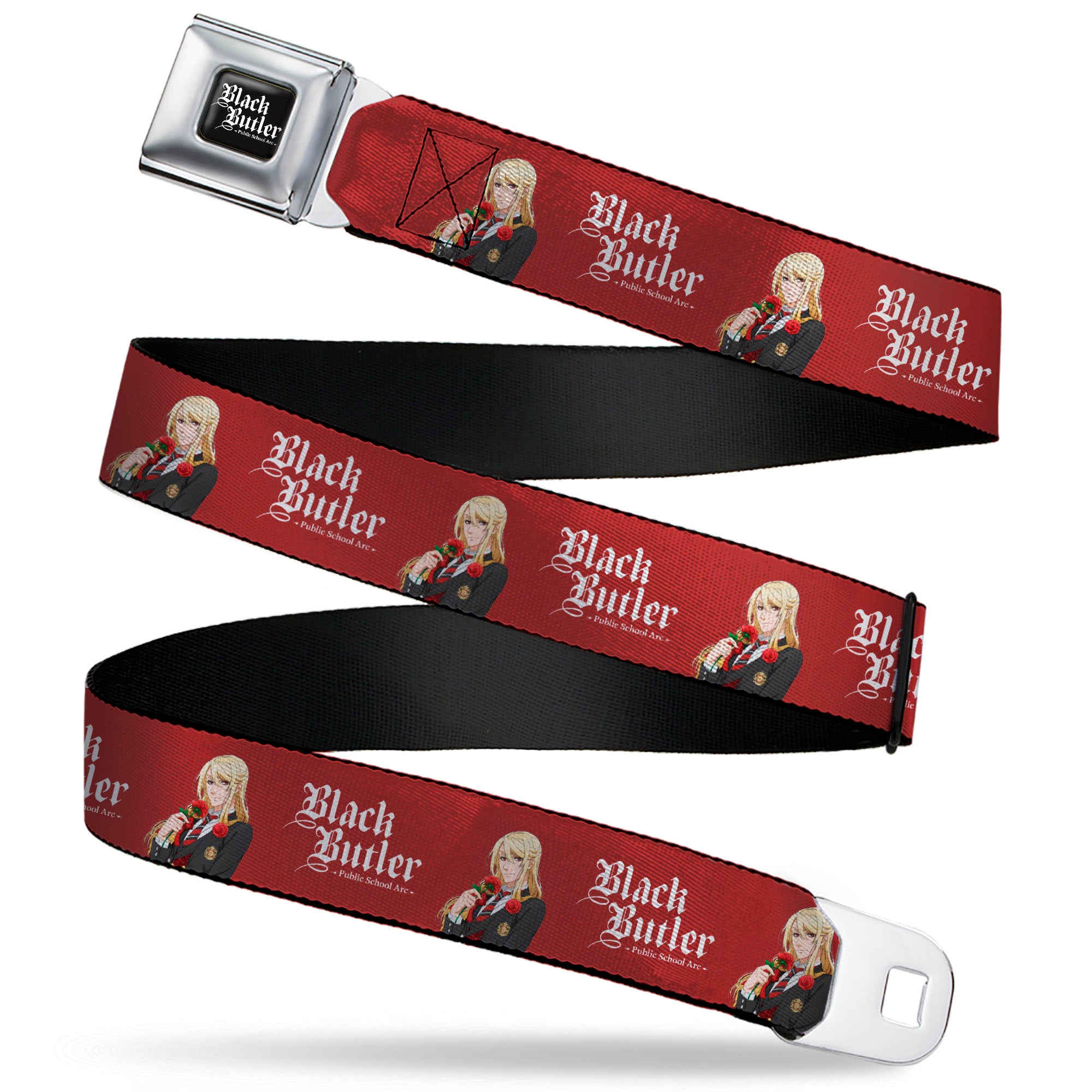 BLACK BUTLER PUBLIC SCHOOL ARC Title Logo Full Color Black/White Seatbelt Belt - BLACK BUTLER Edgar Redmond Pose and Title Logo Red Webbing Seatbelt Belts Black Butler