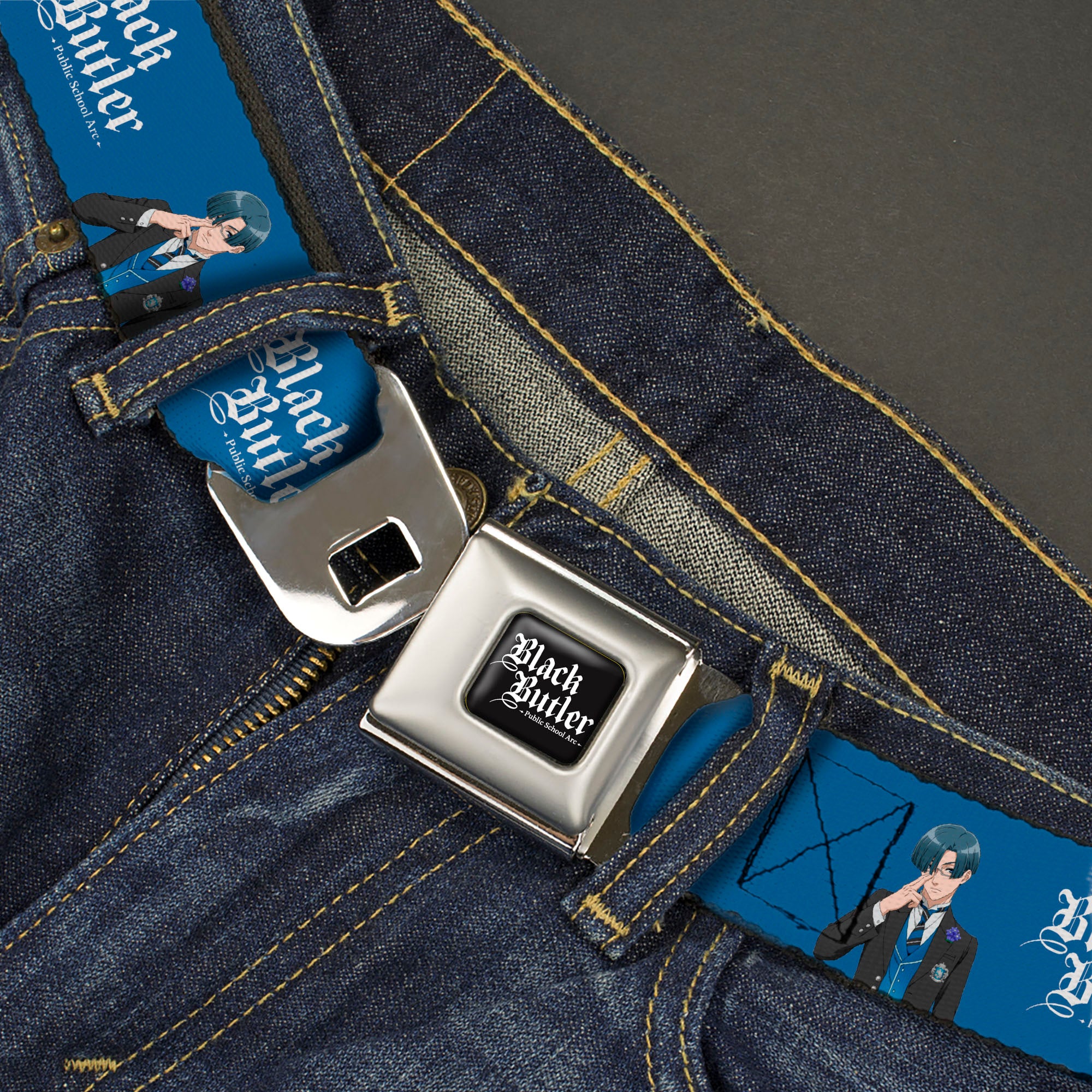 BLACK BUTLER PUBLIC SCHOOL ARC Title Logo Full Color Black/White Seatbelt Belt - BLACK BUTLER Lawrence Bluewer Pose and Title Logo Blue Webbing Seatbelt Belts Black Butler