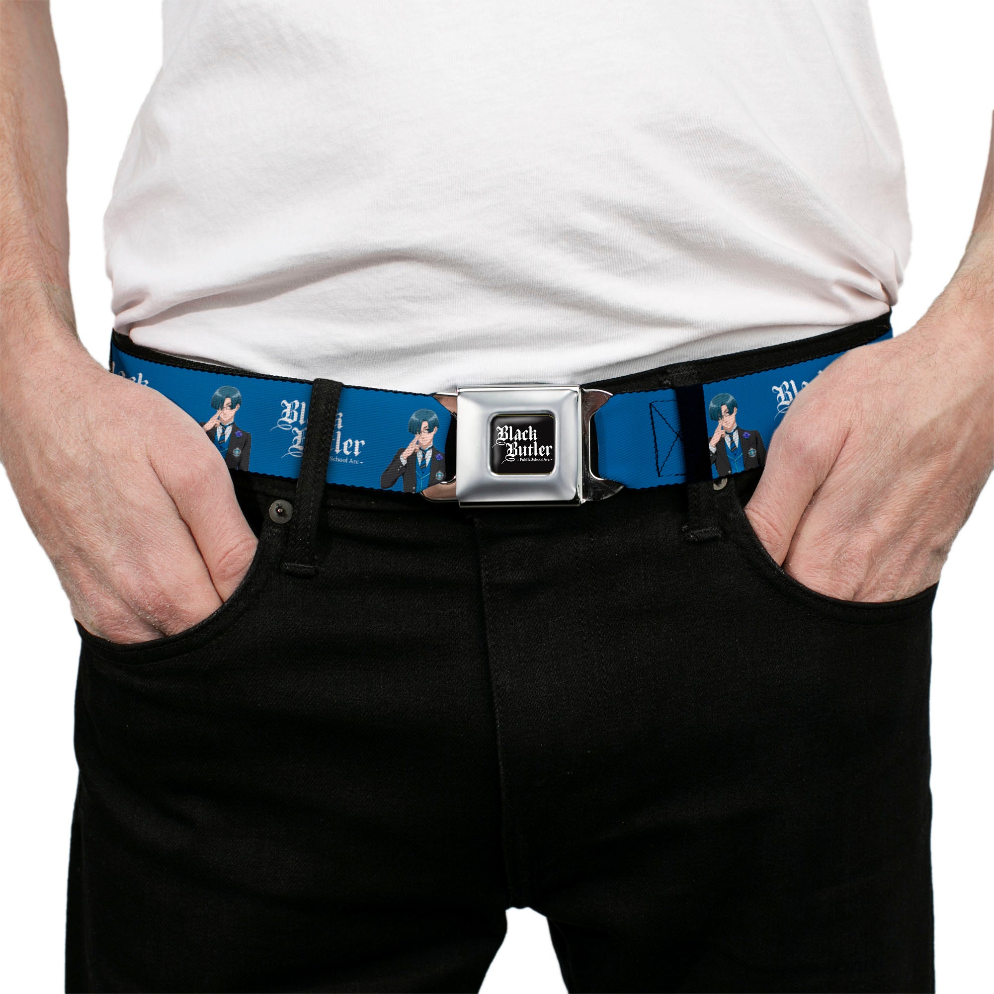 BLACK BUTLER PUBLIC SCHOOL ARC Title Logo Full Color Black/White Seatbelt Belt - BLACK BUTLER Lawrence Bluewer Pose and Title Logo Blue Webbing Seatbelt Belts Black Butler