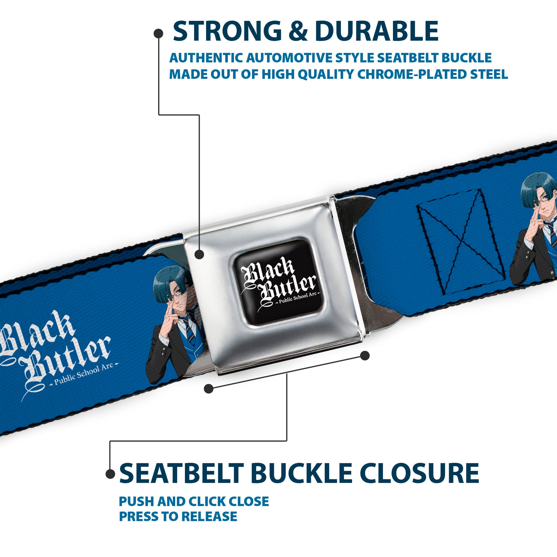 BLACK BUTLER PUBLIC SCHOOL ARC Title Logo Full Color Black/White Seatbelt Belt - BLACK BUTLER Lawrence Bluewer Pose and Title Logo Blue Webbing Seatbelt Belts Black Butler