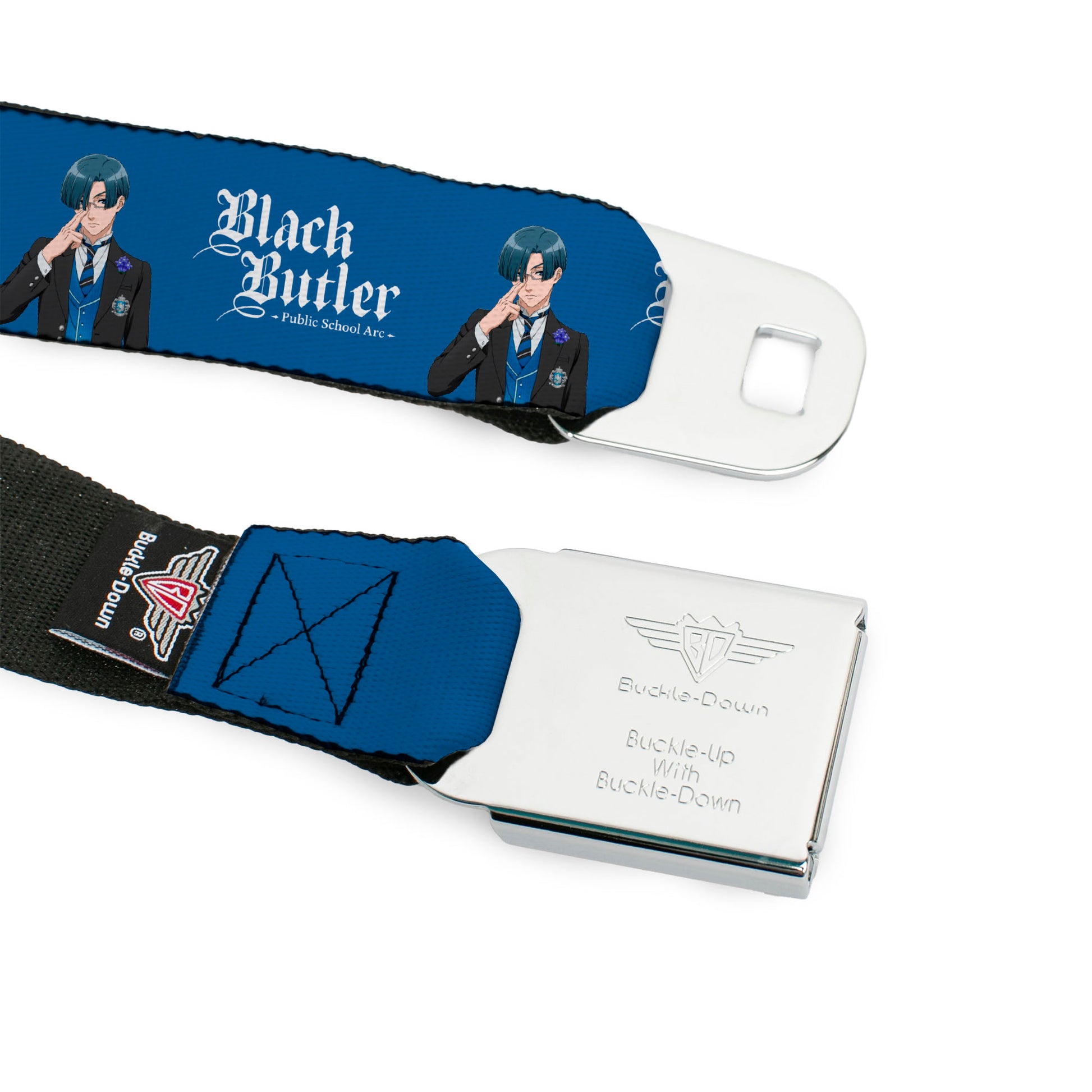 BLACK BUTLER PUBLIC SCHOOL ARC Title Logo Full Color Black/White Seatbelt Belt - BLACK BUTLER Lawrence Bluewer Pose and Title Logo Blue Webbing Seatbelt Belts Black Butler