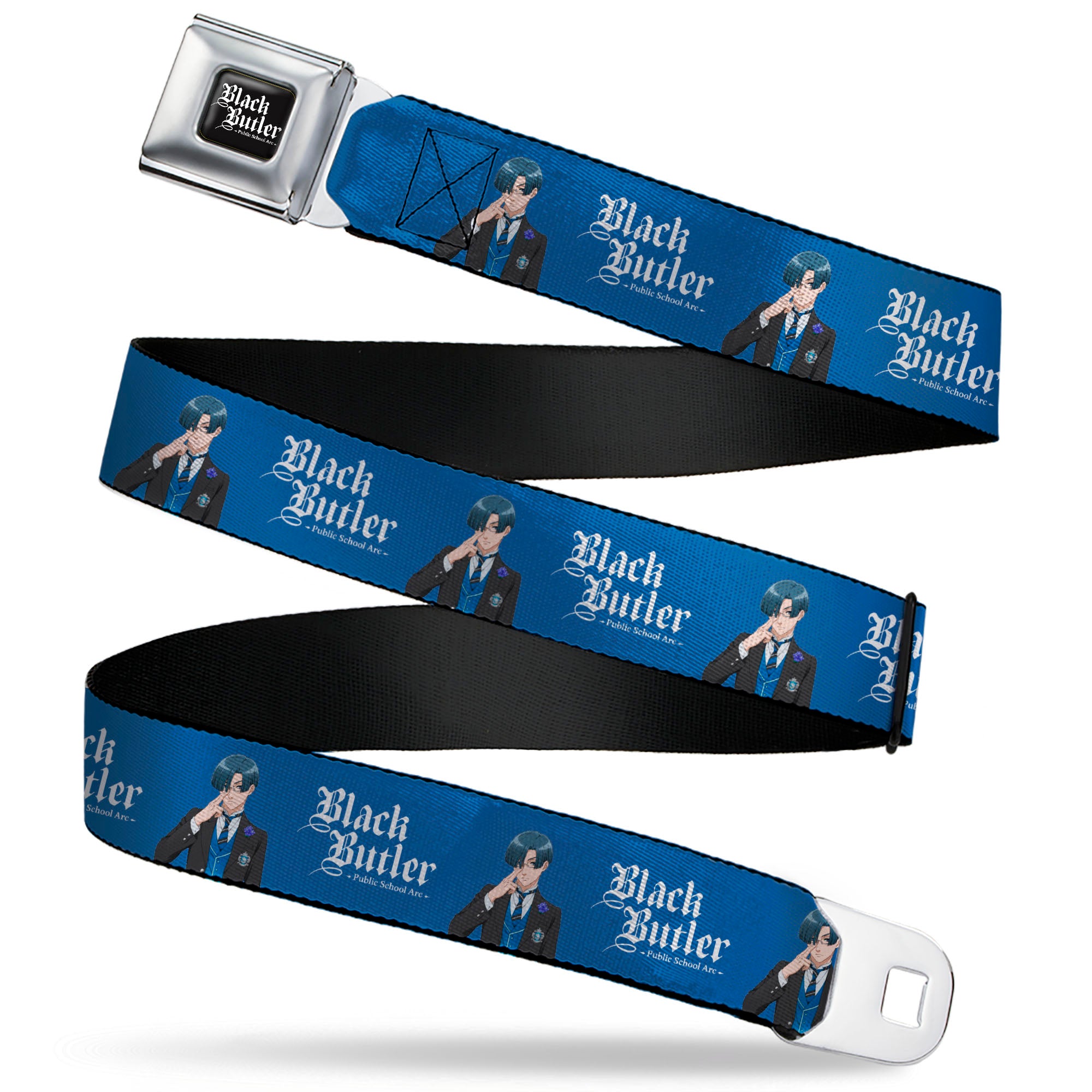 BLACK BUTLER PUBLIC SCHOOL ARC Title Logo Full Color Black/White Seatbelt Belt - BLACK BUTLER Lawrence Bluewer Pose and Title Logo Blue Webbing Seatbelt Belts Black Butler
