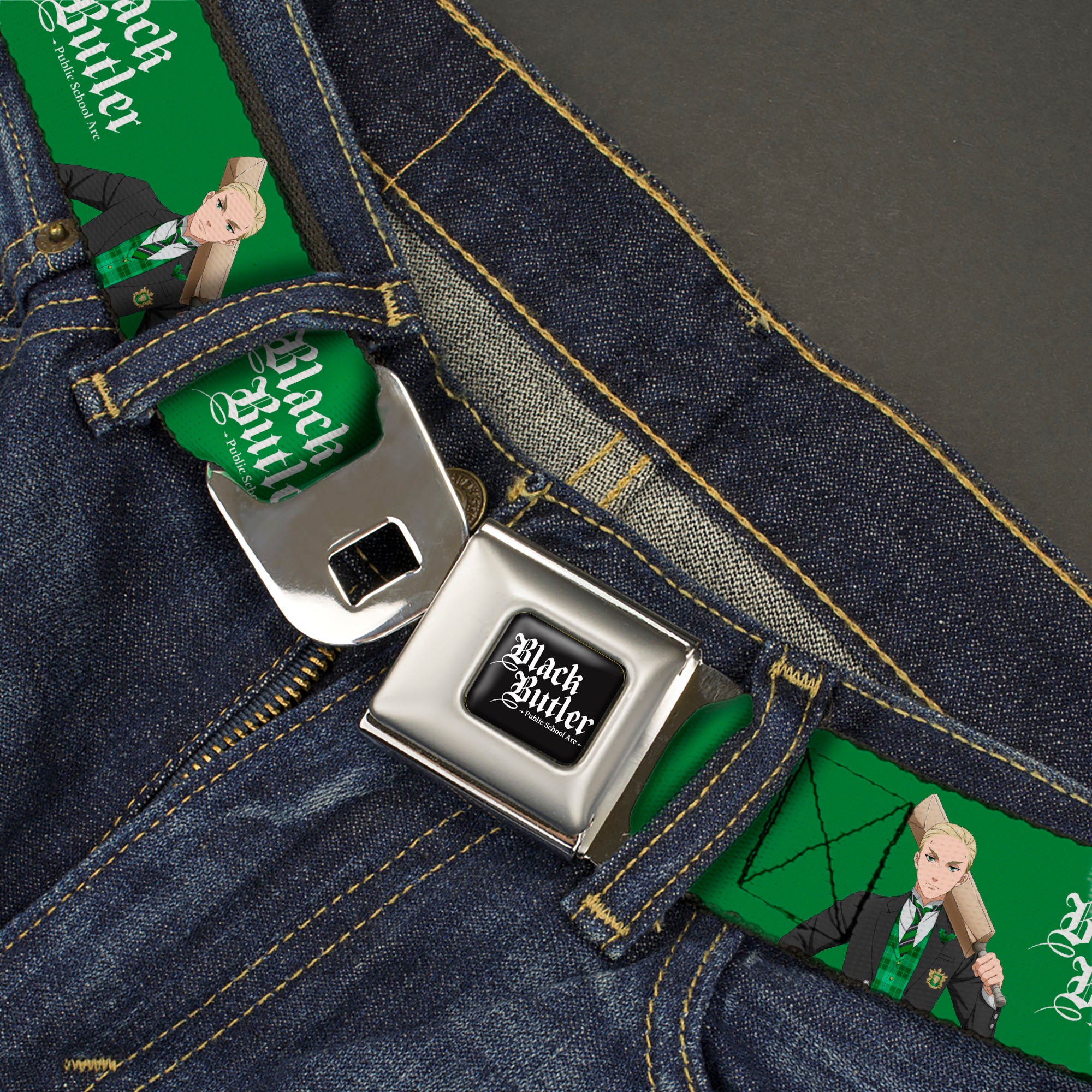 BLACK BUTLER PUBLIC SCHOOL ARC Title Logo Full Color Black/White Seatbelt Belt - BLACK BUTLER Herman Greenhill Pose and Title Logo Green Webbing Seatbelt Belts Black Butler