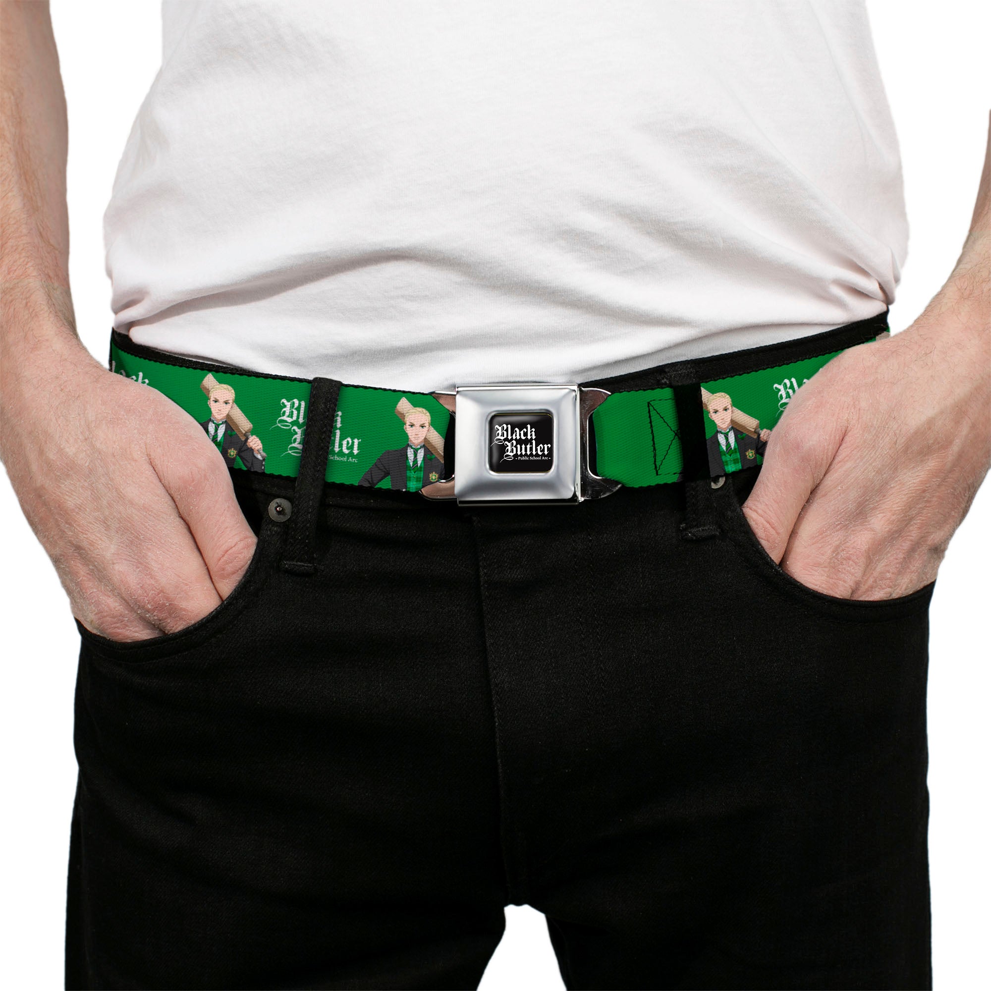 BLACK BUTLER PUBLIC SCHOOL ARC Title Logo Full Color Black/White Seatbelt Belt - BLACK BUTLER Herman Greenhill Pose and Title Logo Green Webbing Seatbelt Belts Black Butler