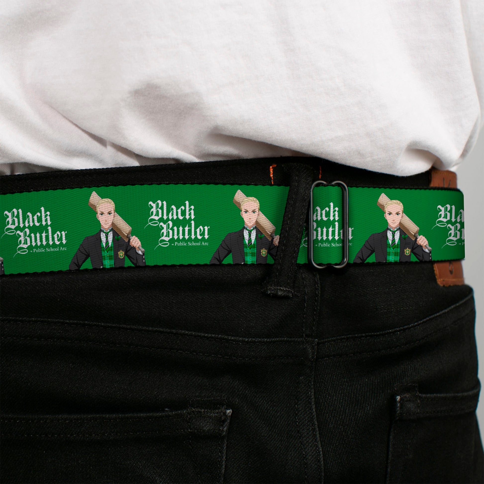 BLACK BUTLER PUBLIC SCHOOL ARC Title Logo Full Color Black/White Seatbelt Belt - BLACK BUTLER Herman Greenhill Pose and Title Logo Green Webbing Seatbelt Belts Black Butler