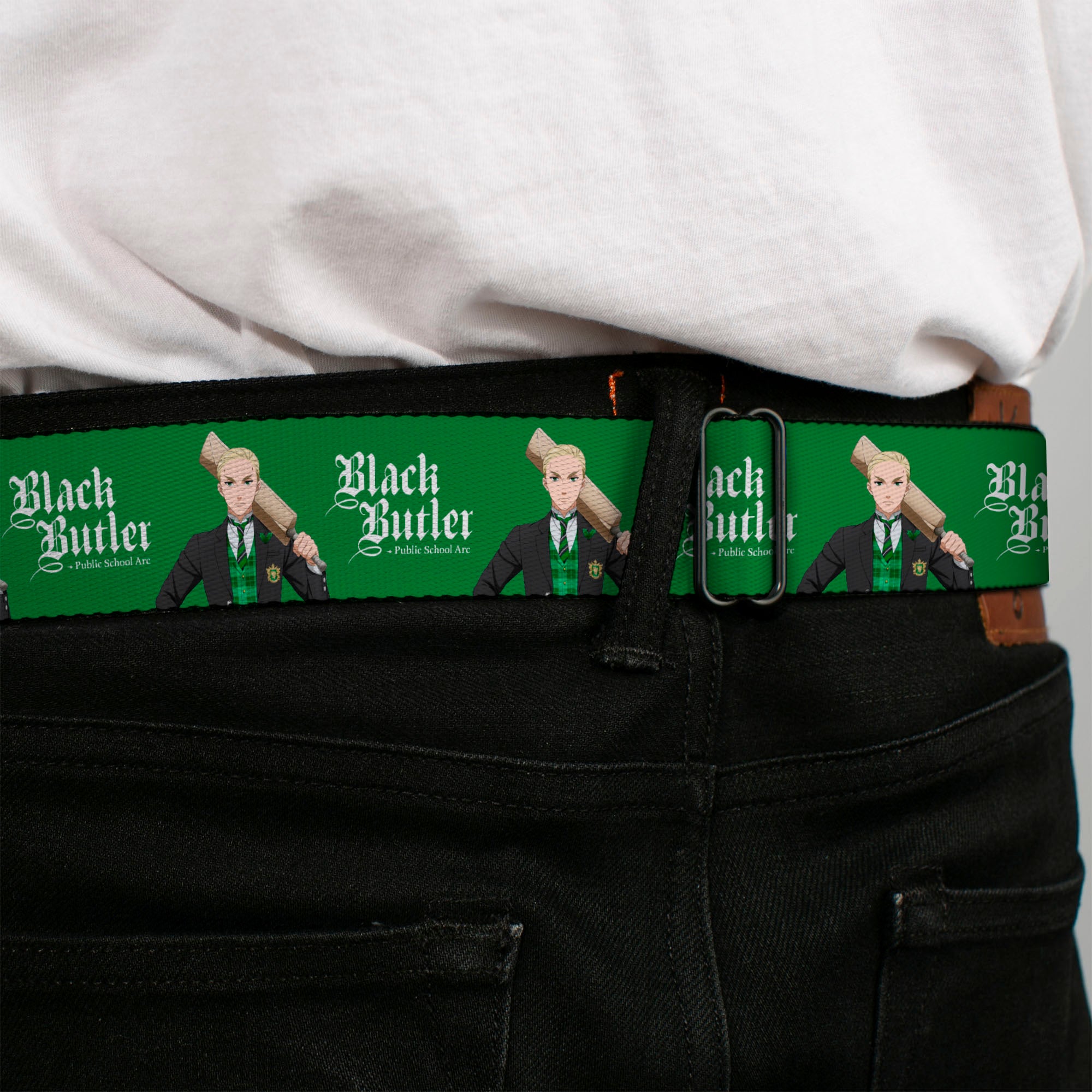 BLACK BUTLER PUBLIC SCHOOL ARC Title Logo Full Color Black/White Seatbelt Belt - BLACK BUTLER Herman Greenhill Pose and Title Logo Green Webbing Seatbelt Belts Black Butler