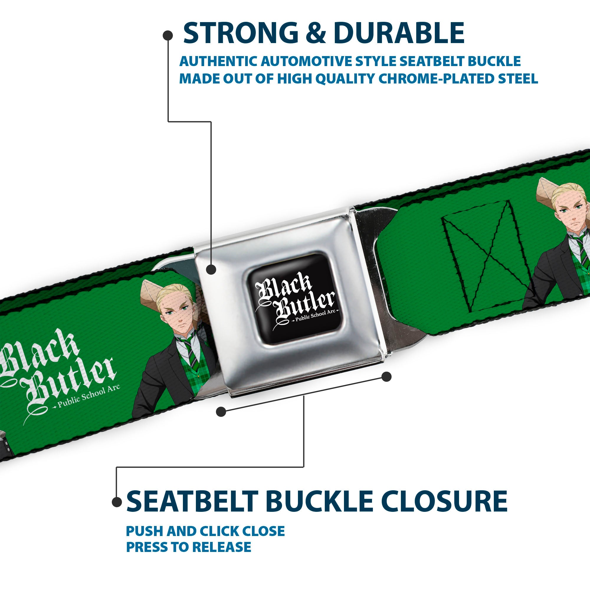 BLACK BUTLER PUBLIC SCHOOL ARC Title Logo Full Color Black/White Seatbelt Belt - BLACK BUTLER Herman Greenhill Pose and Title Logo Green Webbing Seatbelt Belts Black Butler