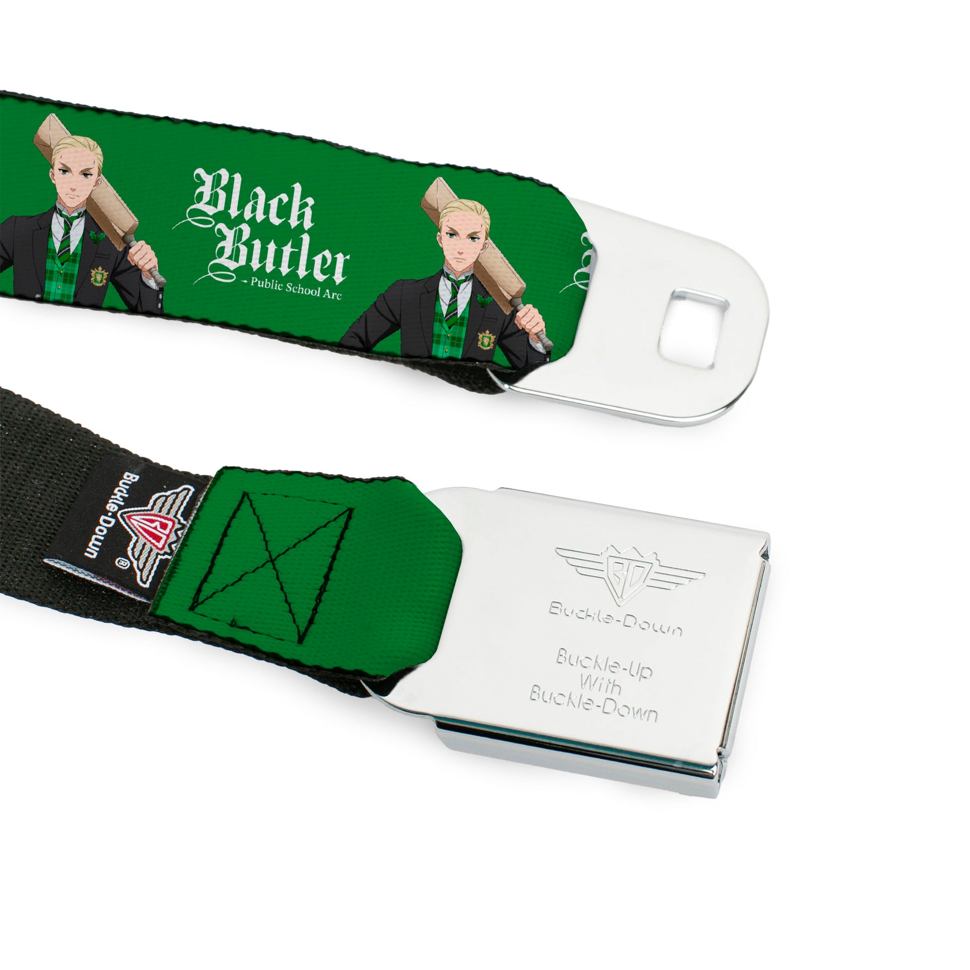 BLACK BUTLER PUBLIC SCHOOL ARC Title Logo Full Color Black/White Seatbelt Belt - BLACK BUTLER Herman Greenhill Pose and Title Logo Green Webbing Seatbelt Belts Black Butler