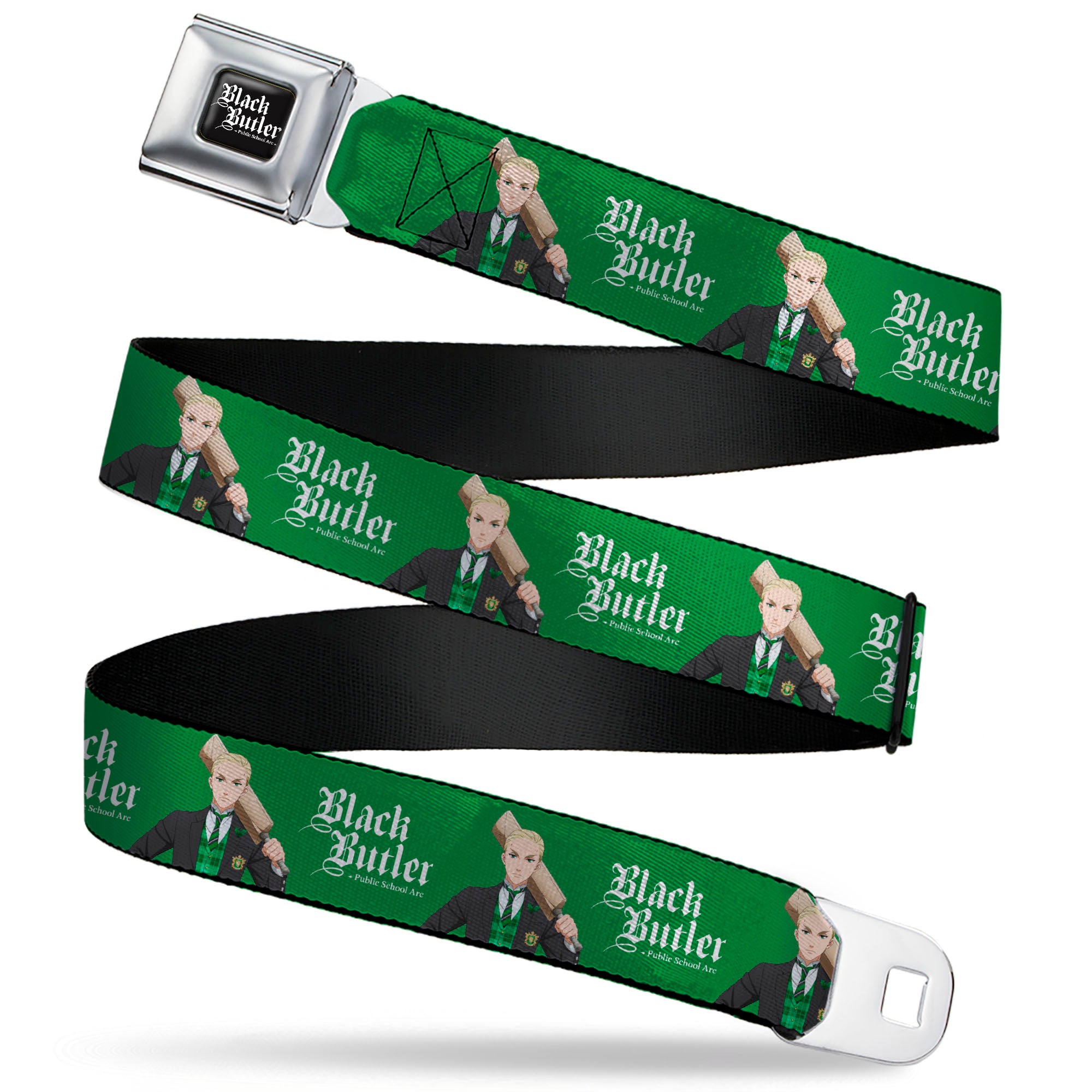 BLACK BUTLER PUBLIC SCHOOL ARC Title Logo Full Color Black/White Seatbelt Belt - BLACK BUTLER Herman Greenhill Pose and Title Logo Green Webbing Seatbelt Belts Black Butler