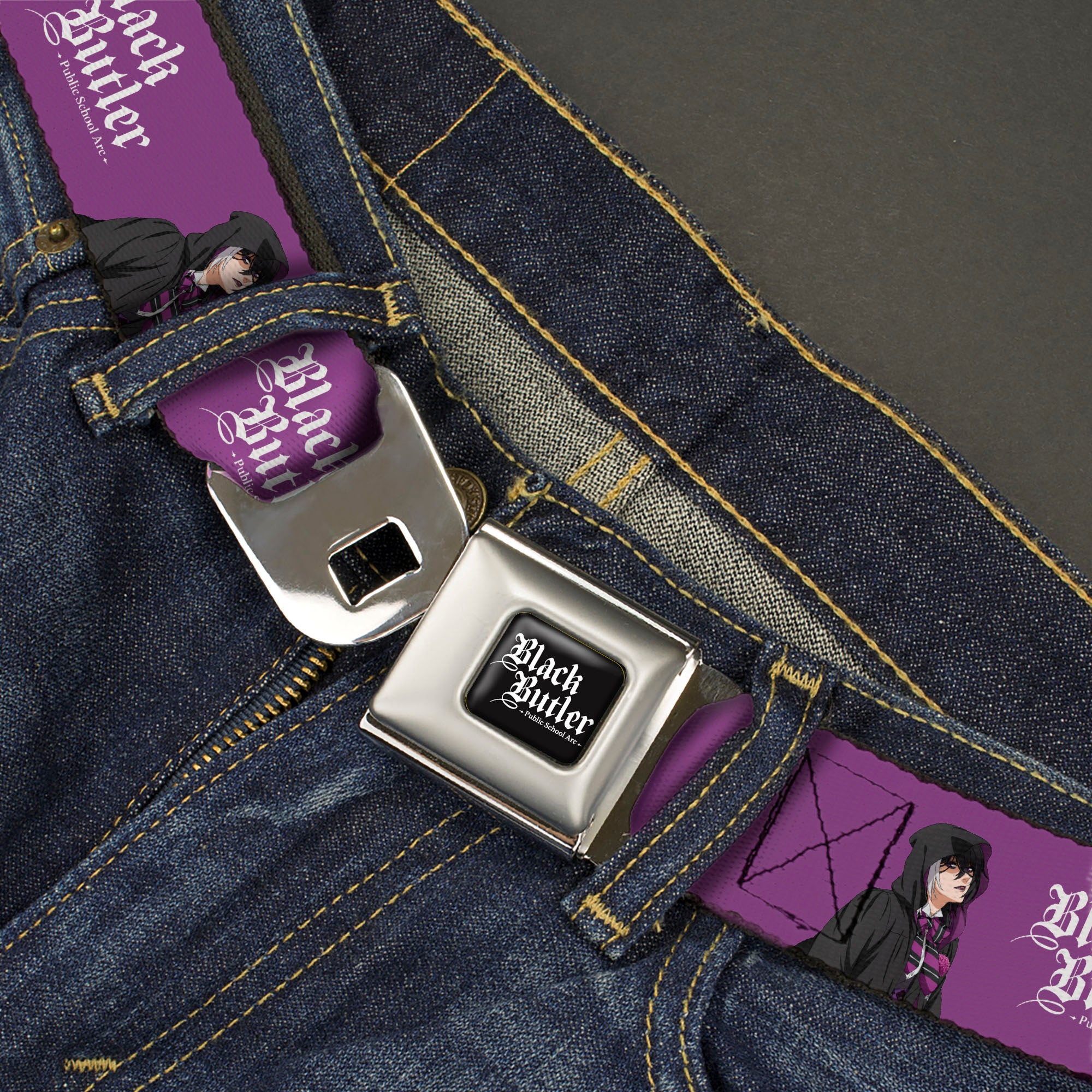 BLACK BUTLER PUBLIC SCHOOL ARC Title Logo Full Color Black/White Seatbelt Belt - BLACK BUTLER Violet Gregory Pose and Title Logo Purple Webbing Seatbelt Belts Black Butler