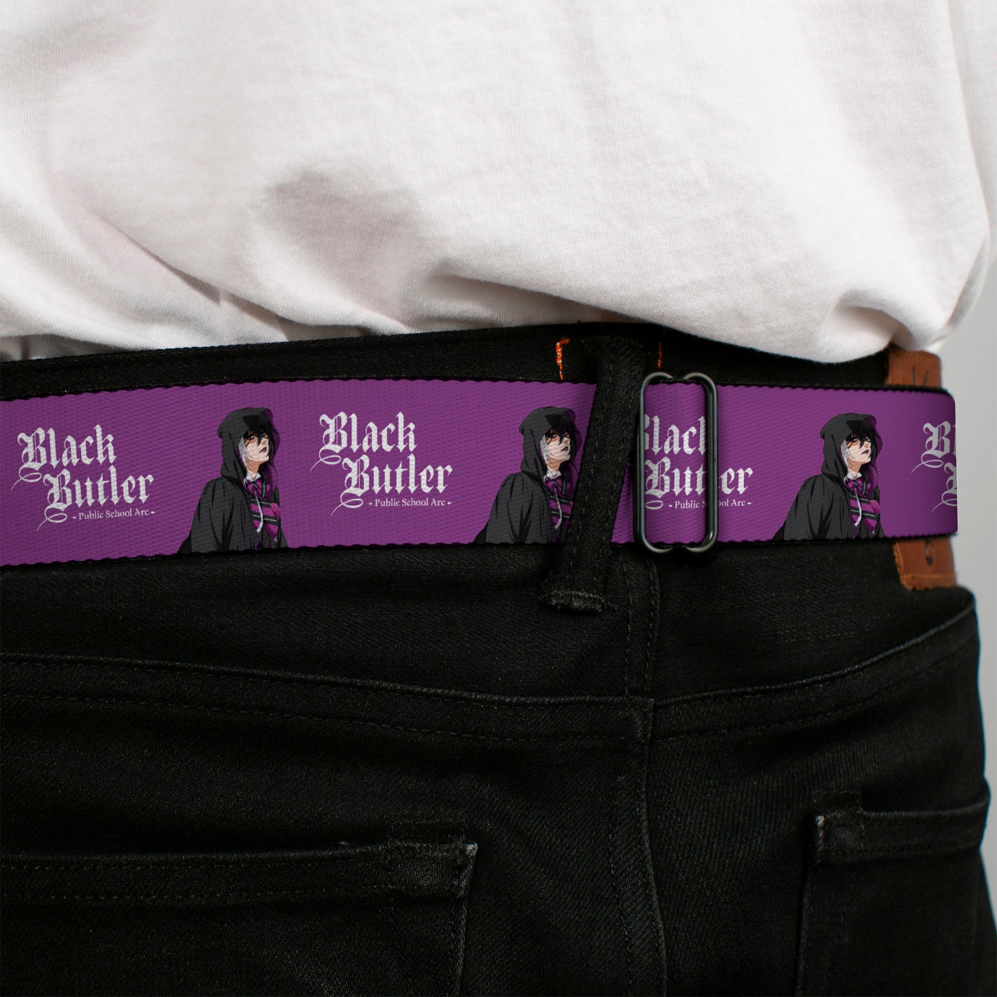 BLACK BUTLER PUBLIC SCHOOL ARC Title Logo Full Color Black/White Seatbelt Belt - BLACK BUTLER Violet Gregory Pose and Title Logo Purple Webbing Seatbelt Belts Black Butler