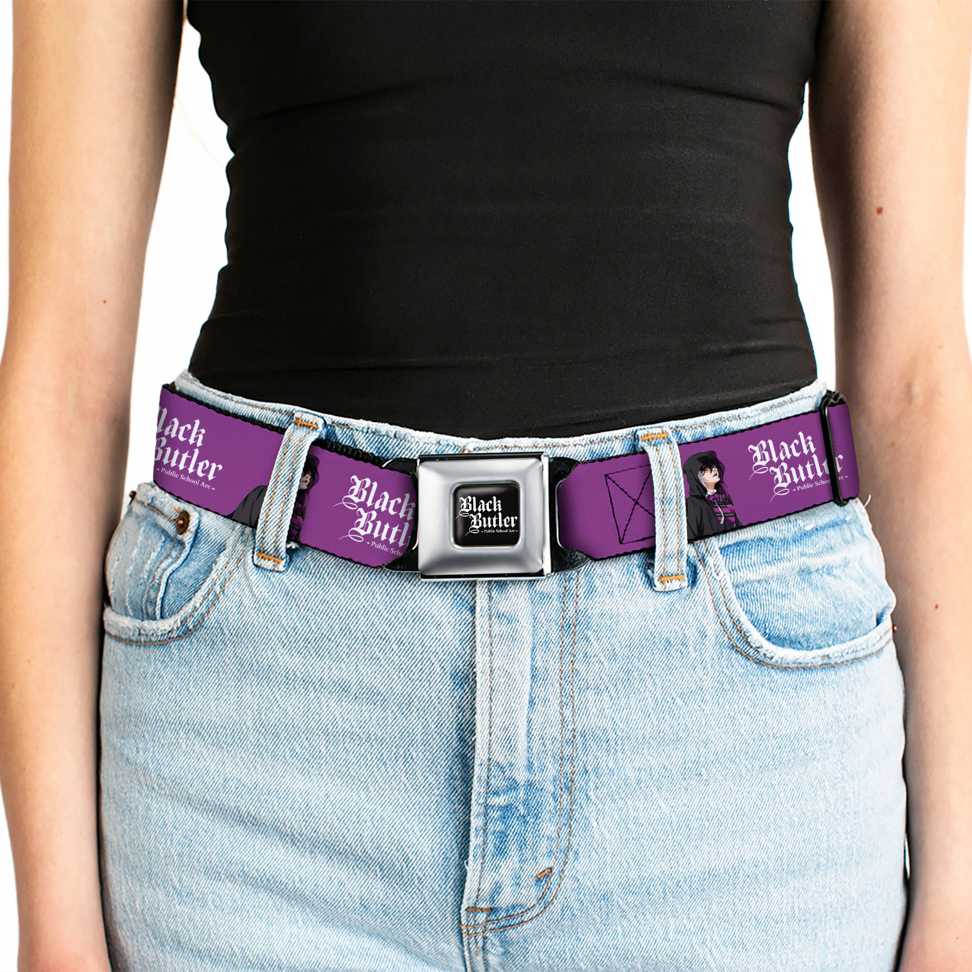 BLACK BUTLER PUBLIC SCHOOL ARC Title Logo Full Color Black/White Seatbelt Belt - BLACK BUTLER Violet Gregory Pose and Title Logo Purple Webbing Seatbelt Belts Black Butler