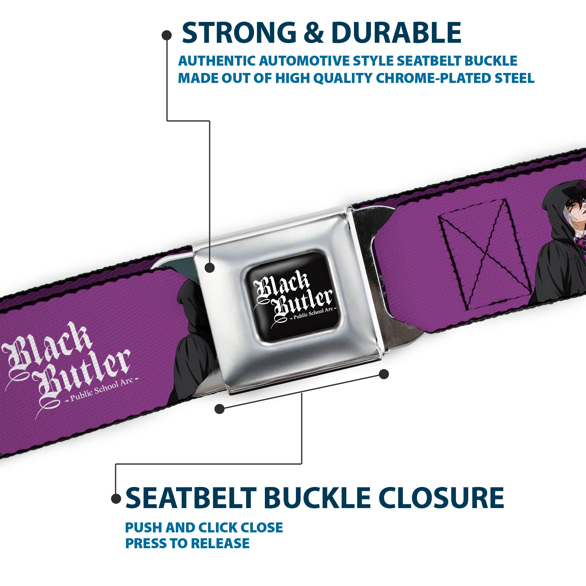 BLACK BUTLER PUBLIC SCHOOL ARC Title Logo Full Color Black/White Seatbelt Belt - BLACK BUTLER Violet Gregory Pose and Title Logo Purple Webbing Seatbelt Belts Black Butler