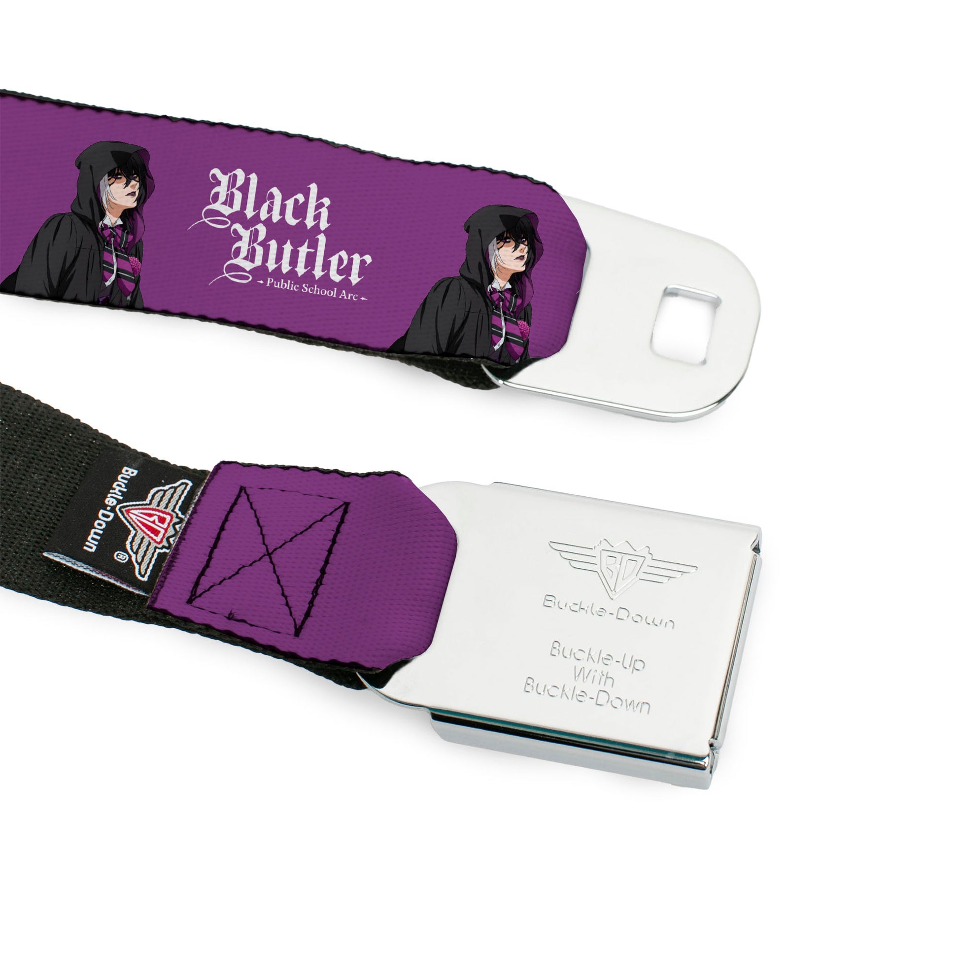 BLACK BUTLER PUBLIC SCHOOL ARC Title Logo Full Color Black/White Seatbelt Belt - BLACK BUTLER Violet Gregory Pose and Title Logo Purple Webbing Seatbelt Belts Black Butler
