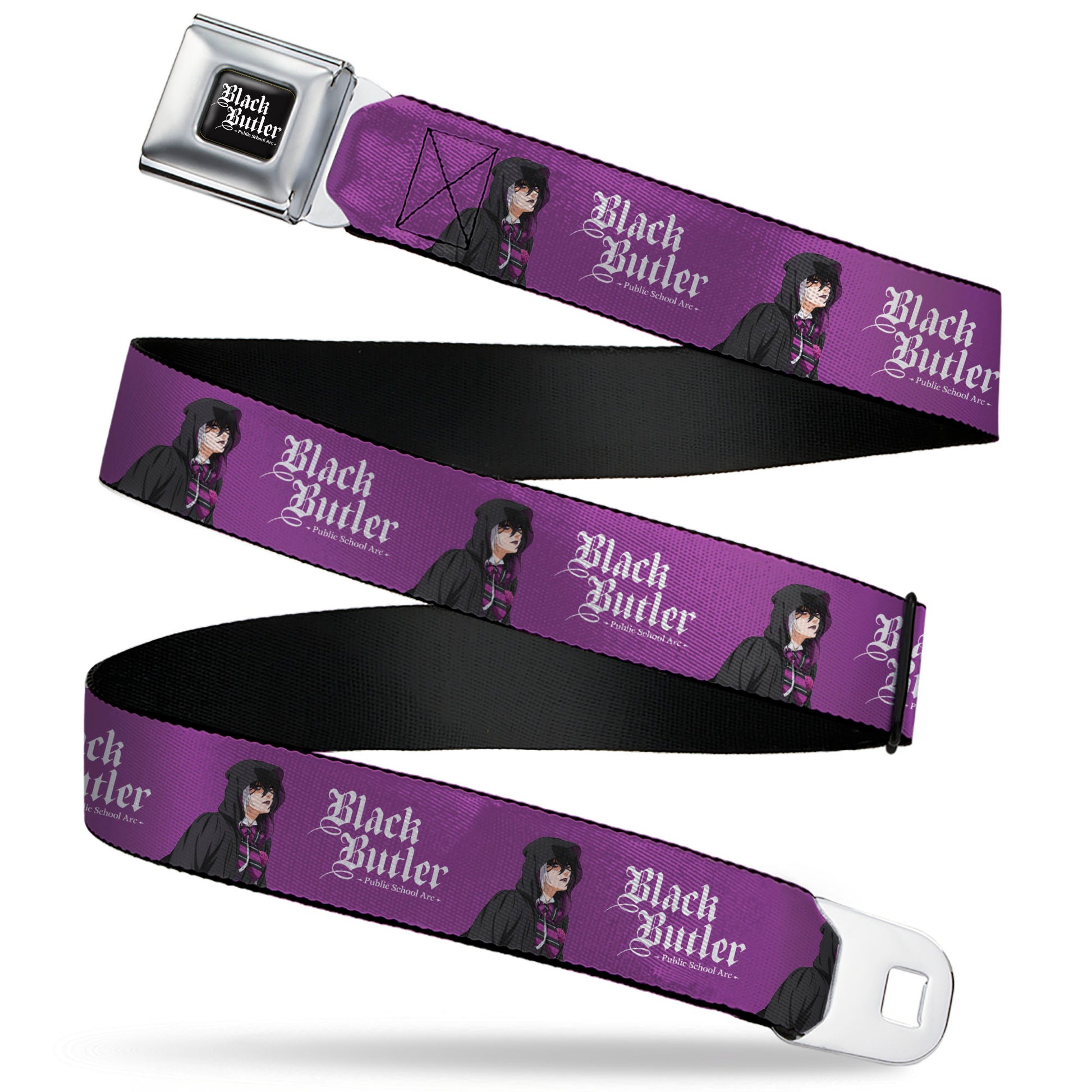 BLACK BUTLER PUBLIC SCHOOL ARC Title Logo Full Color Black/White Seatbelt Belt - BLACK BUTLER Violet Gregory Pose and Title Logo Purple Webbing Seatbelt Belts Black Butler