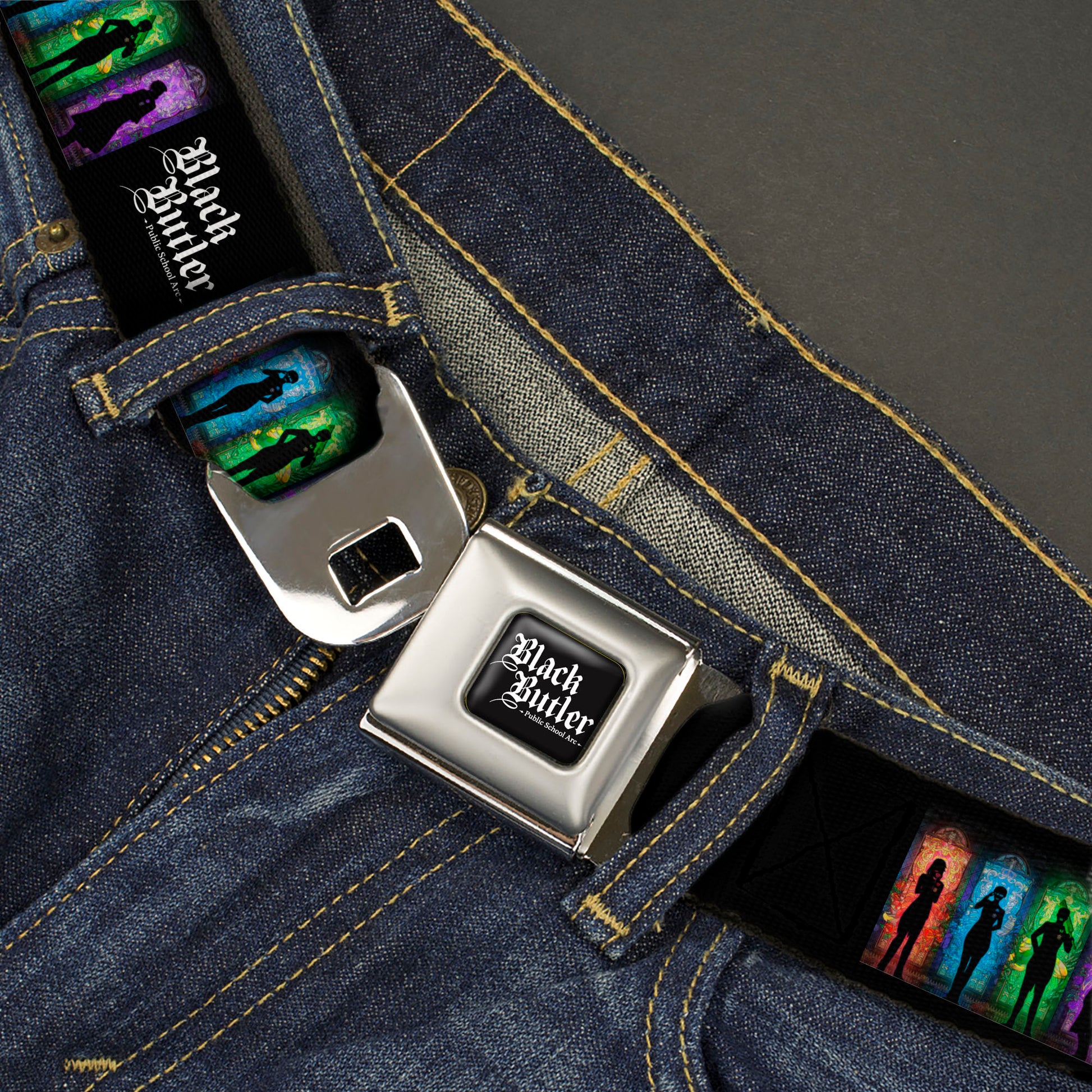 BLACK BUTLER PUBLIC SCHOOL ARC Title Logo Full Color Black/White Seatbelt Belt - BLACK BUTLER House Heads Silhouettes and Title Logo Black/Multi Color Webbing Seatbelt Belts Black Butler