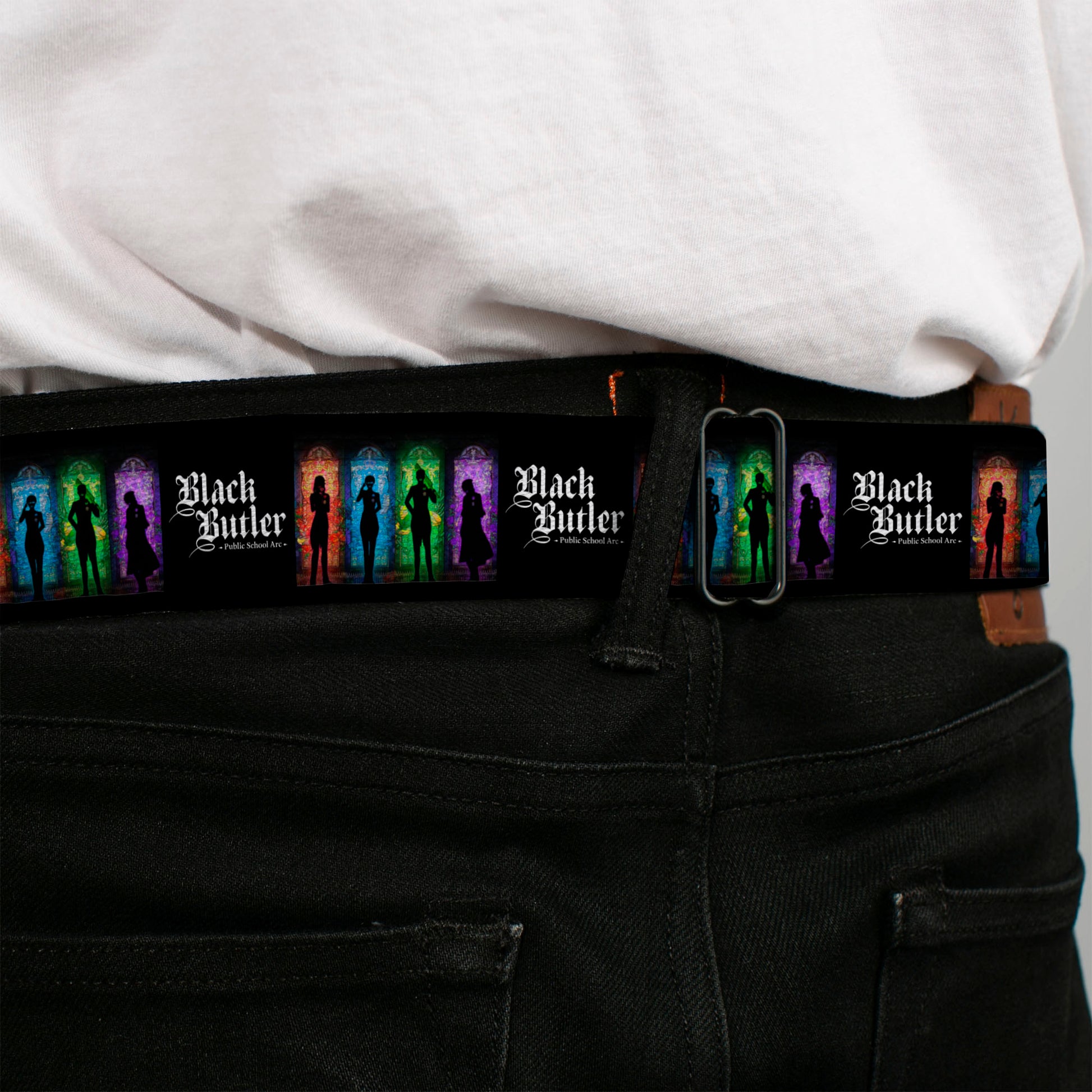 BLACK BUTLER PUBLIC SCHOOL ARC Title Logo Full Color Black/White Seatbelt Belt - BLACK BUTLER House Heads Silhouettes and Title Logo Black/Multi Color Webbing Seatbelt Belts Black Butler