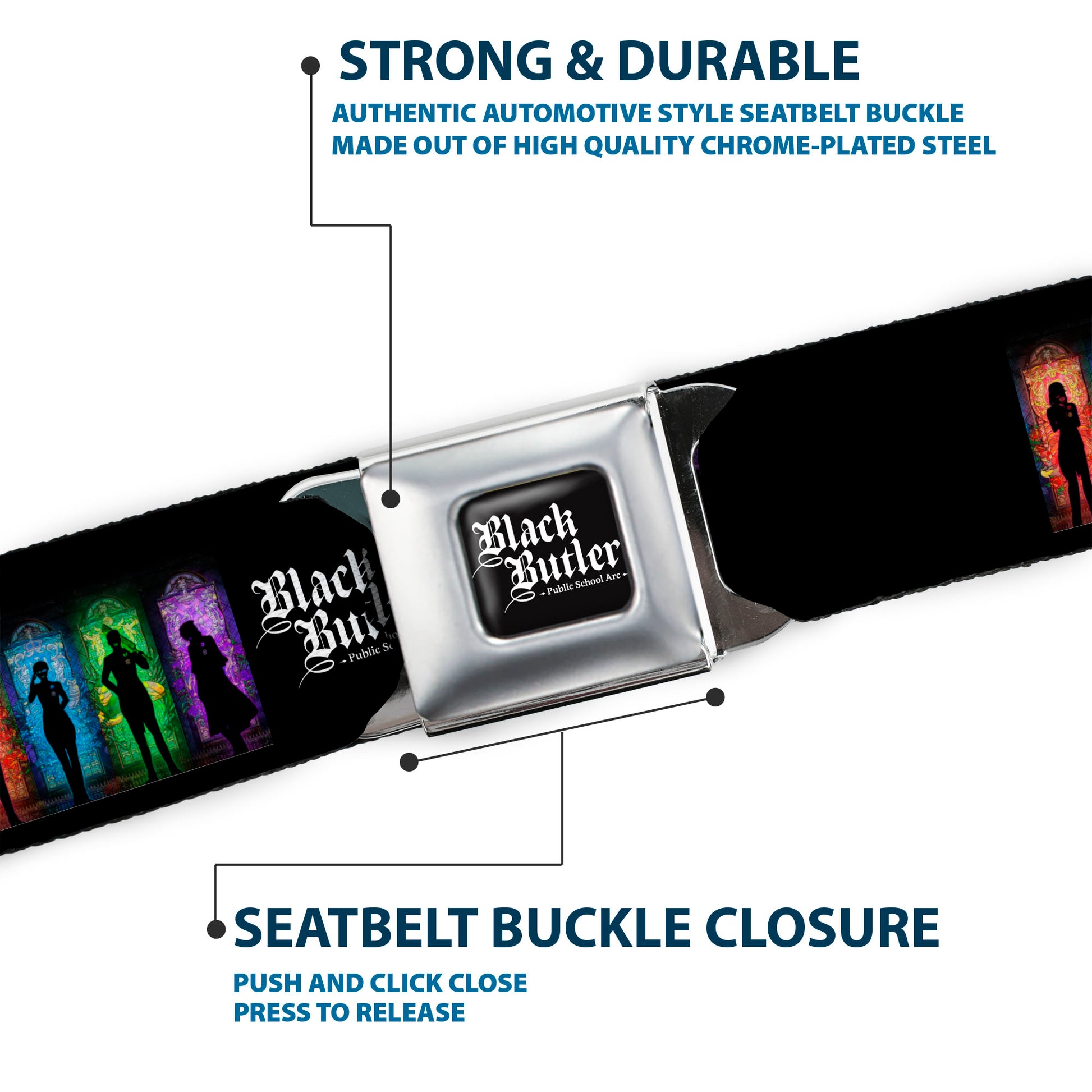 BLACK BUTLER PUBLIC SCHOOL ARC Title Logo Full Color Black/White Seatbelt Belt - BLACK BUTLER House Heads Silhouettes and Title Logo Black/Multi Color Webbing Seatbelt Belts Black Butler
