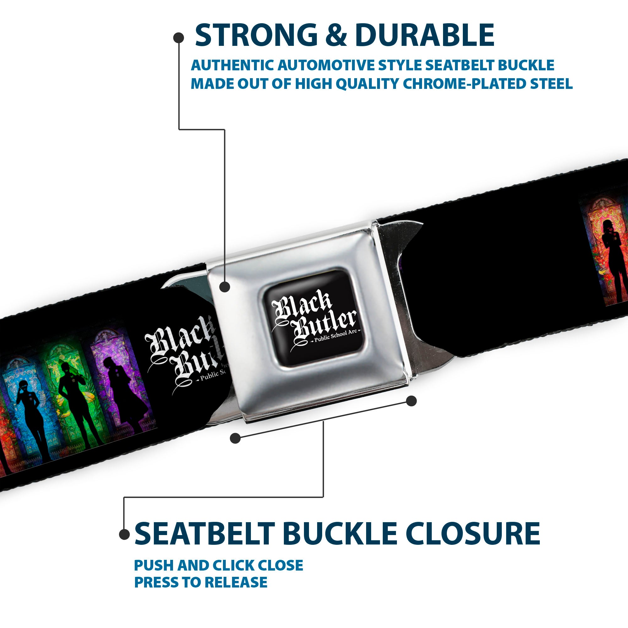 BLACK BUTLER PUBLIC SCHOOL ARC Title Logo Full Color Black/White Seatbelt Belt - BLACK BUTLER House Heads Silhouettes and Title Logo Black/Multi Color Webbing Seatbelt Belts Black Butler