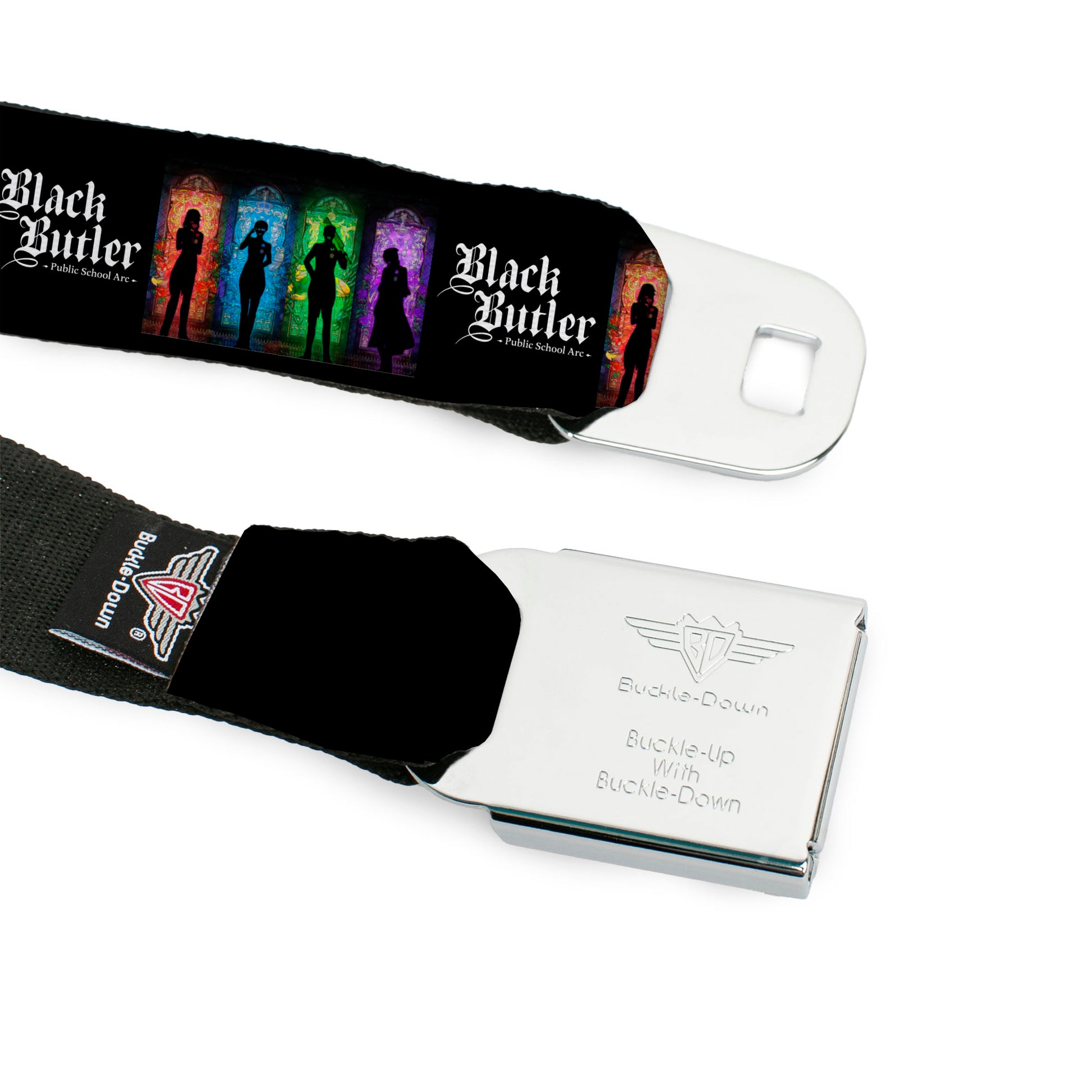 BLACK BUTLER PUBLIC SCHOOL ARC Title Logo Full Color Black/White Seatbelt Belt - BLACK BUTLER House Heads Silhouettes and Title Logo Black/Multi Color Webbing Seatbelt Belts Black Butler