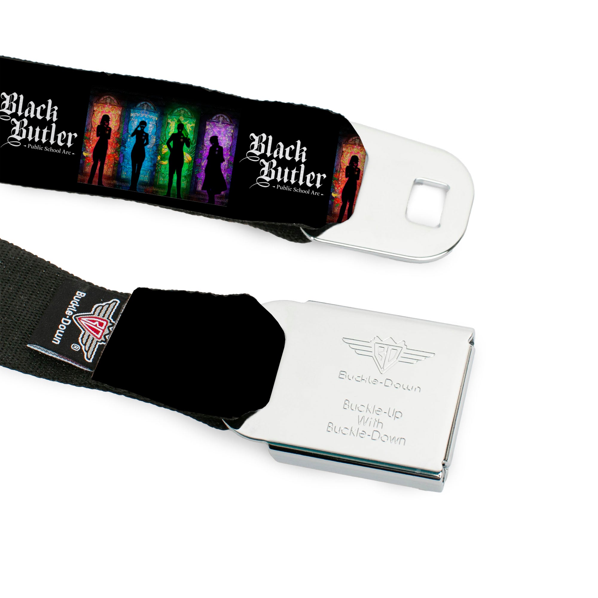 BLACK BUTLER PUBLIC SCHOOL ARC Title Logo Full Color Black/White Seatbelt Belt - BLACK BUTLER House Heads Silhouettes and Title Logo Black/Multi Color Webbing Seatbelt Belts Black Butler