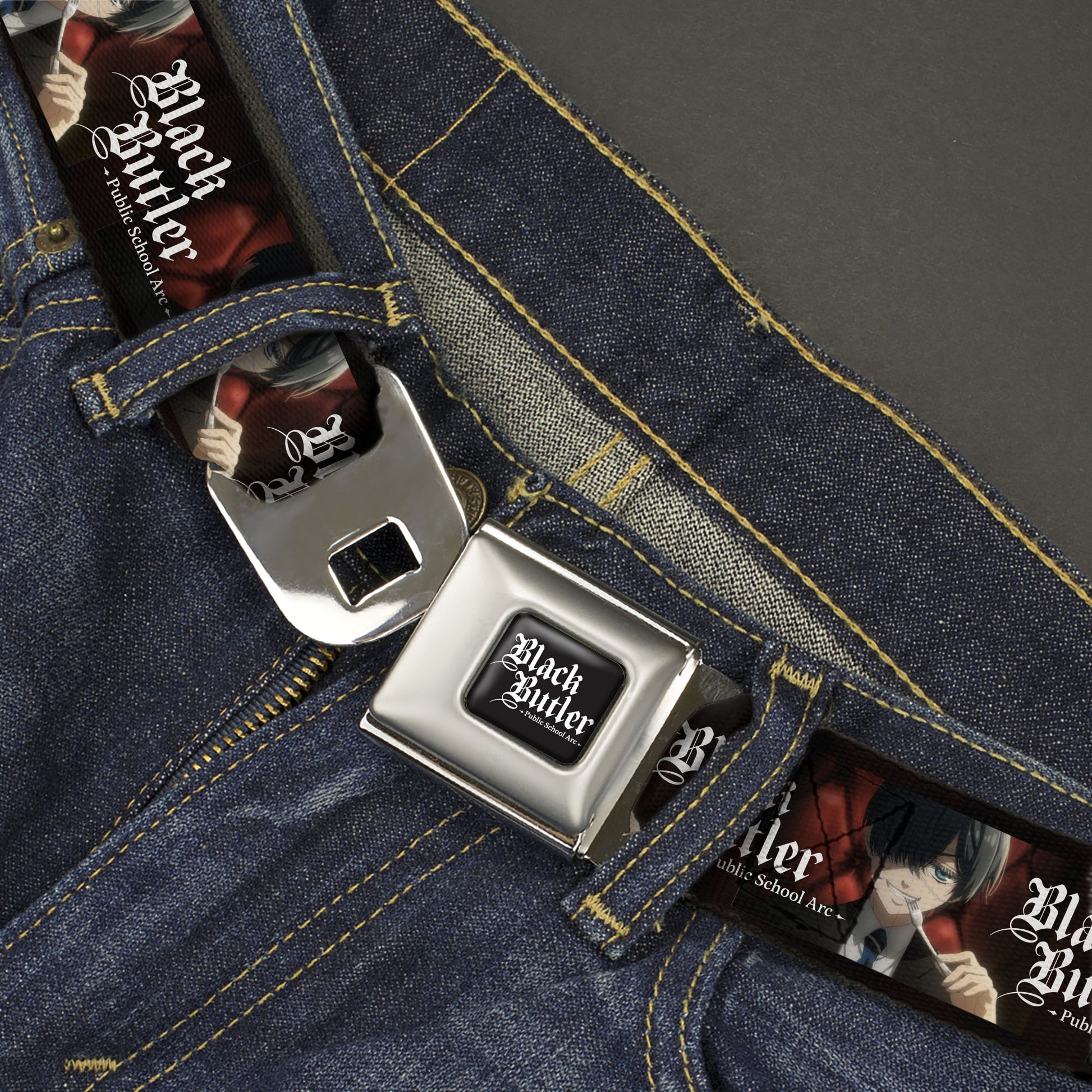 BLACK BUTLER PUBLIC SCHOOL ARC Title Logo Full Color Black/White Seatbelt Belt - BLACK BUTLER Ciel Phantomhive Fork Pose and Title Logo Webbing Seatbelt Belts Black Butler