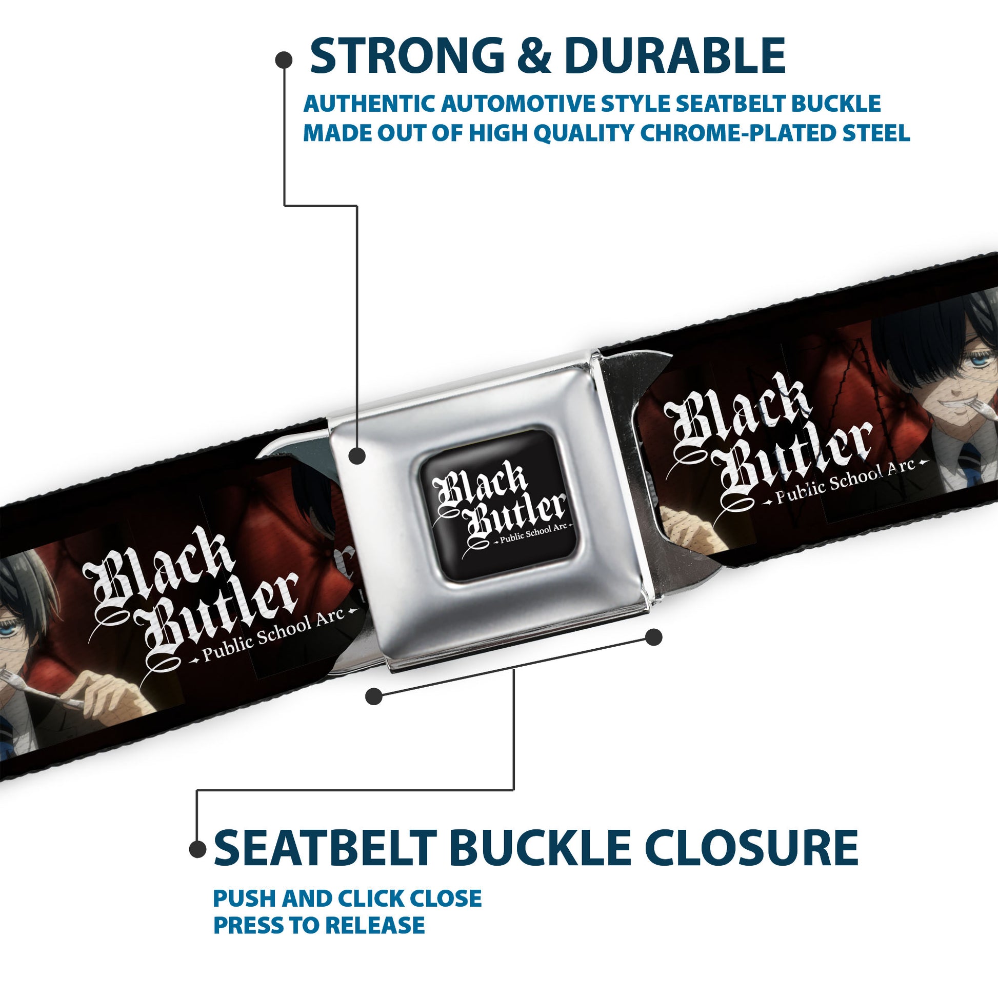 BLACK BUTLER PUBLIC SCHOOL ARC Title Logo Full Color Black/White Seatbelt Belt - BLACK BUTLER Ciel Phantomhive Fork Pose and Title Logo Webbing Seatbelt Belts Black Butler