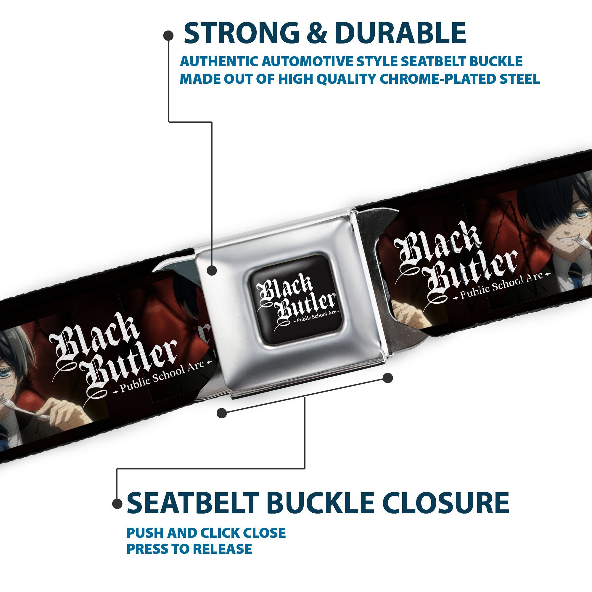 BLACK BUTLER PUBLIC SCHOOL ARC Title Logo Full Color Black/White Seatbelt Belt - BLACK BUTLER Ciel Phantomhive Fork Pose and Title Logo Webbing Seatbelt Belts Black Butler