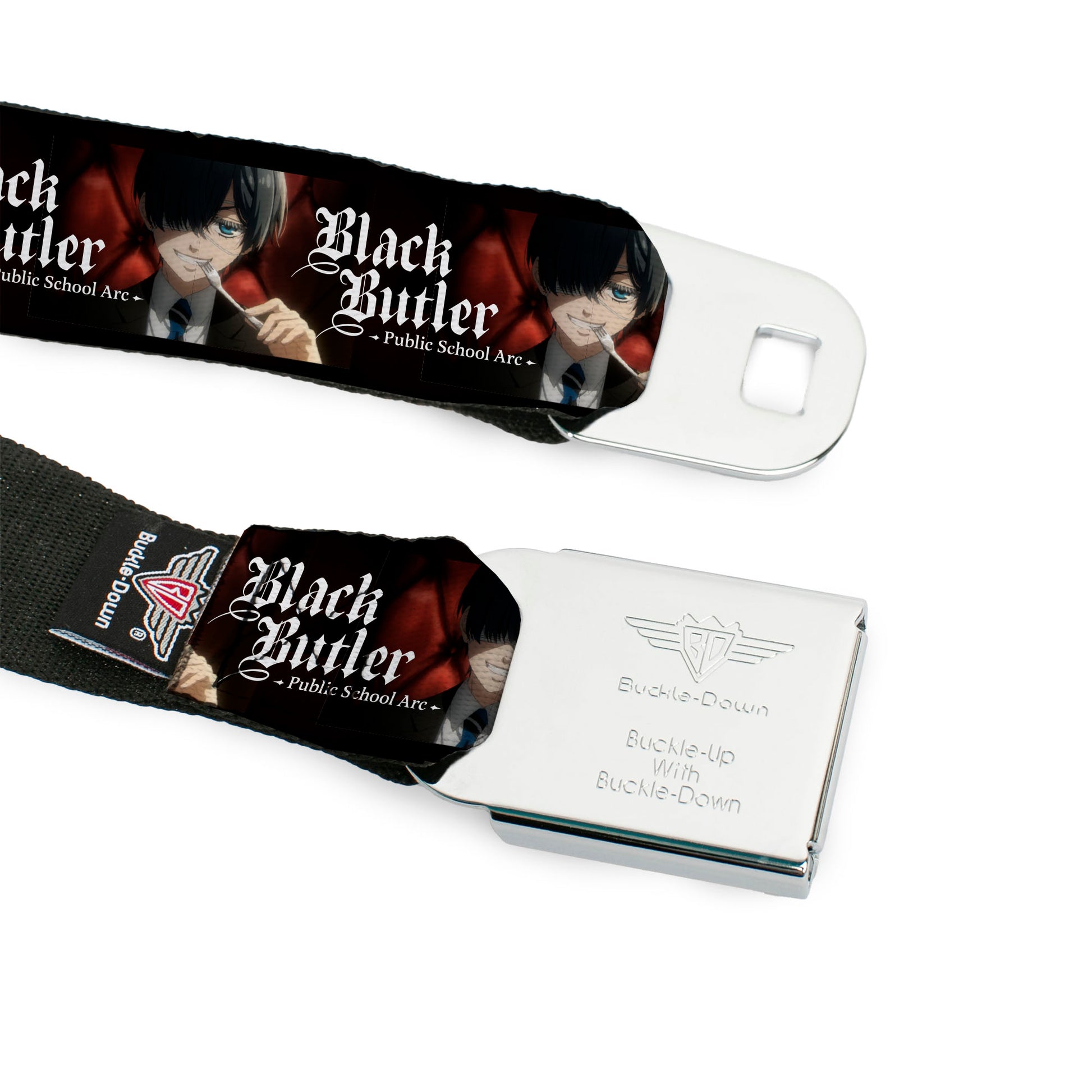 BLACK BUTLER PUBLIC SCHOOL ARC Title Logo Full Color Black/White Seatbelt Belt - BLACK BUTLER Ciel Phantomhive Fork Pose and Title Logo Webbing Seatbelt Belts Black Butler