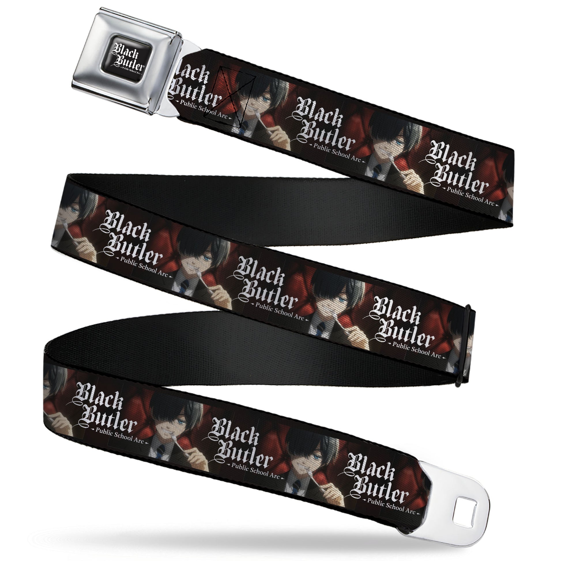 BLACK BUTLER PUBLIC SCHOOL ARC Title Logo Full Color Black/White Seatbelt Belt - BLACK BUTLER Ciel Phantomhive Fork Pose and Title Logo Webbing Seatbelt Belts Black Butler