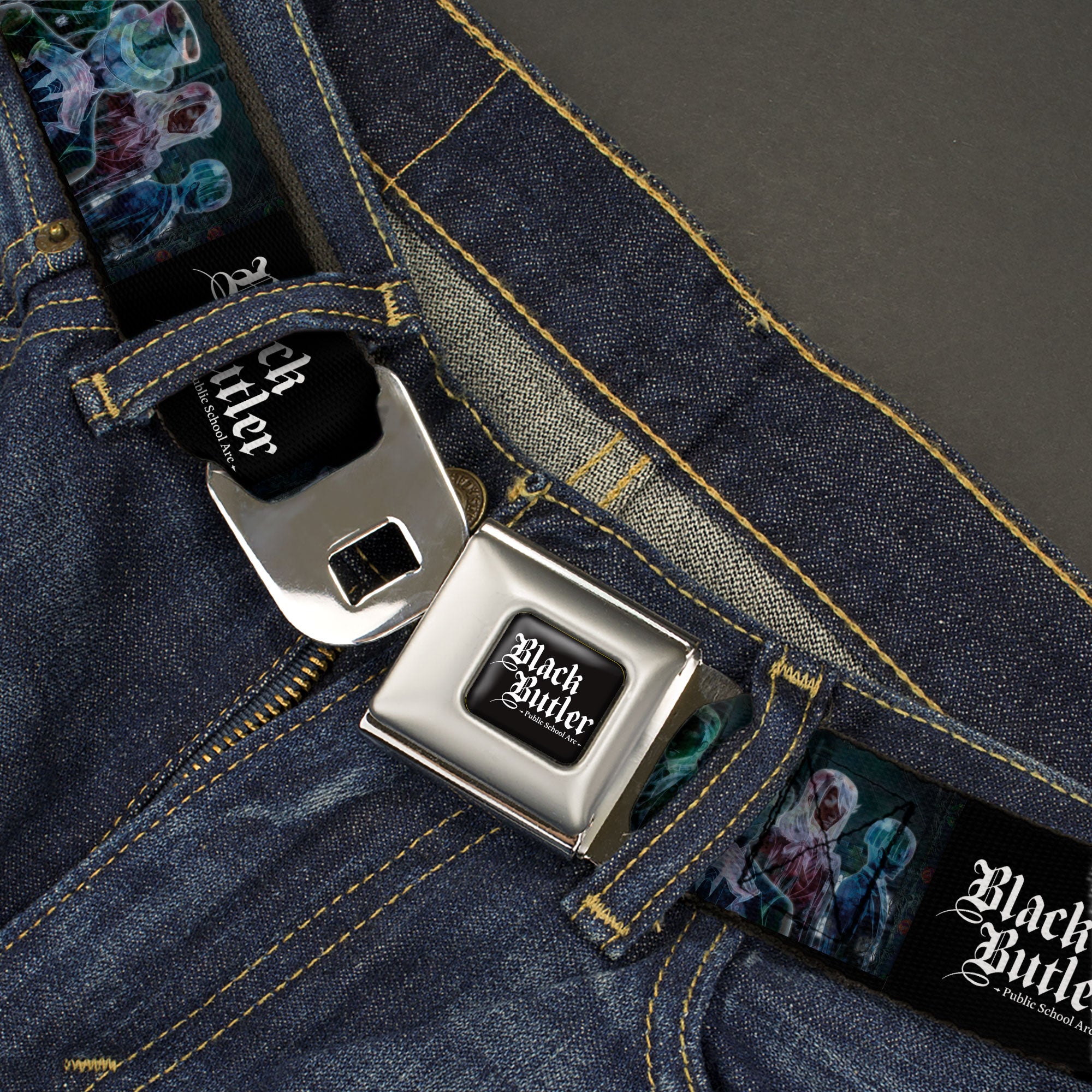 BLACK BUTLER PUBLIC SCHOOL ARC Title Logo Full Color Black/White Seatbelt Belt - BLACK BUTLER Five Character Group Pose and Title Logo Black Webbing Seatbelt Belts Black Butler