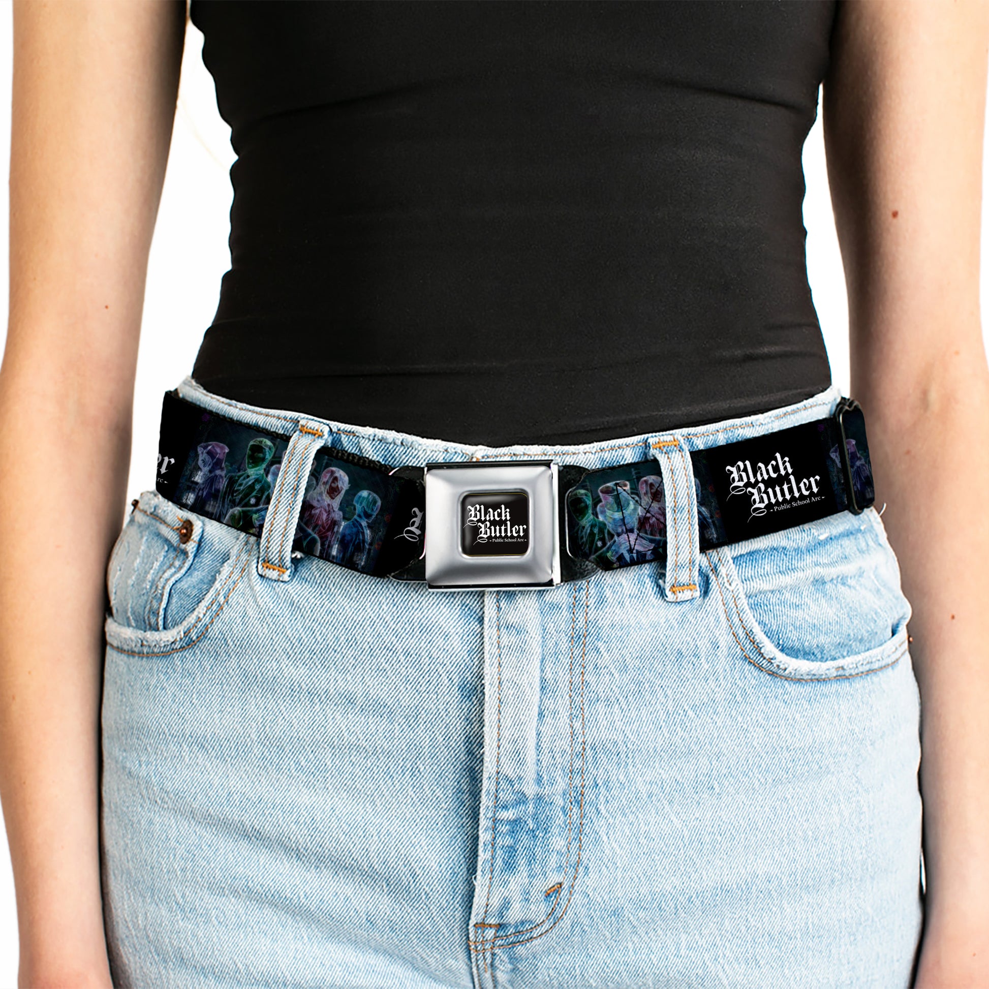 BLACK BUTLER PUBLIC SCHOOL ARC Title Logo Full Color Black/White Seatbelt Belt - BLACK BUTLER Five Character Group Pose and Title Logo Black Webbing Seatbelt Belts Black Butler