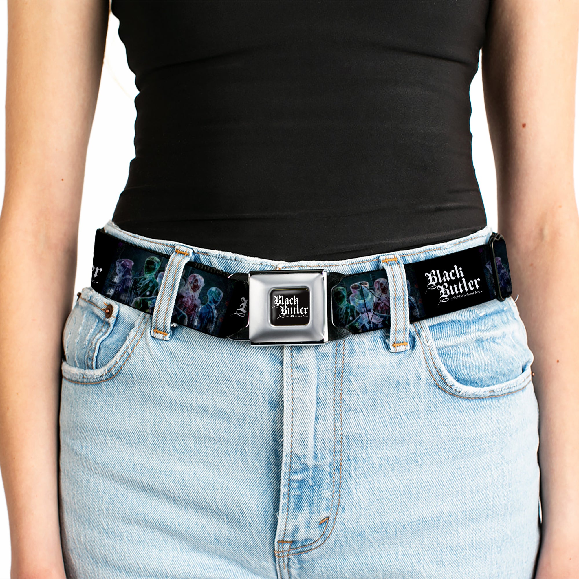 BLACK BUTLER PUBLIC SCHOOL ARC Title Logo Full Color Black/White Seatbelt Belt - BLACK BUTLER Five Character Group Pose and Title Logo Black Webbing Seatbelt Belts Black Butler