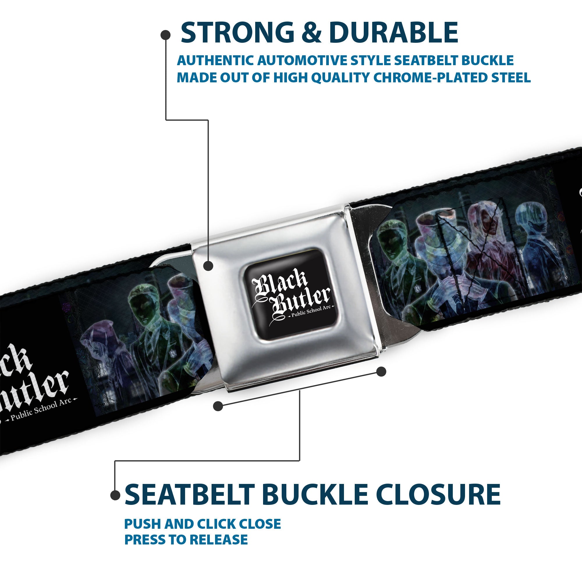 BLACK BUTLER PUBLIC SCHOOL ARC Title Logo Full Color Black/White Seatbelt Belt - BLACK BUTLER Five Character Group Pose and Title Logo Black Webbing Seatbelt Belts Black Butler
