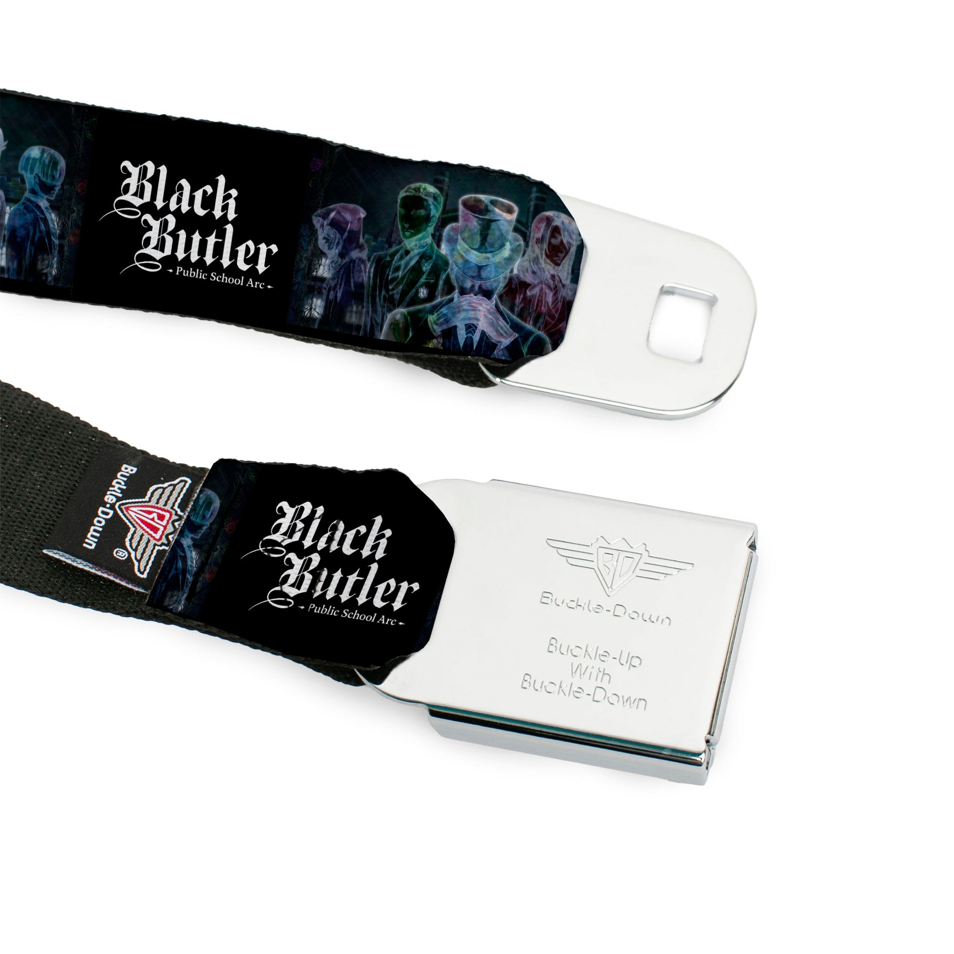 BLACK BUTLER PUBLIC SCHOOL ARC Title Logo Full Color Black/White Seatbelt Belt - BLACK BUTLER Five Character Group Pose and Title Logo Black Webbing Seatbelt Belts Black Butler