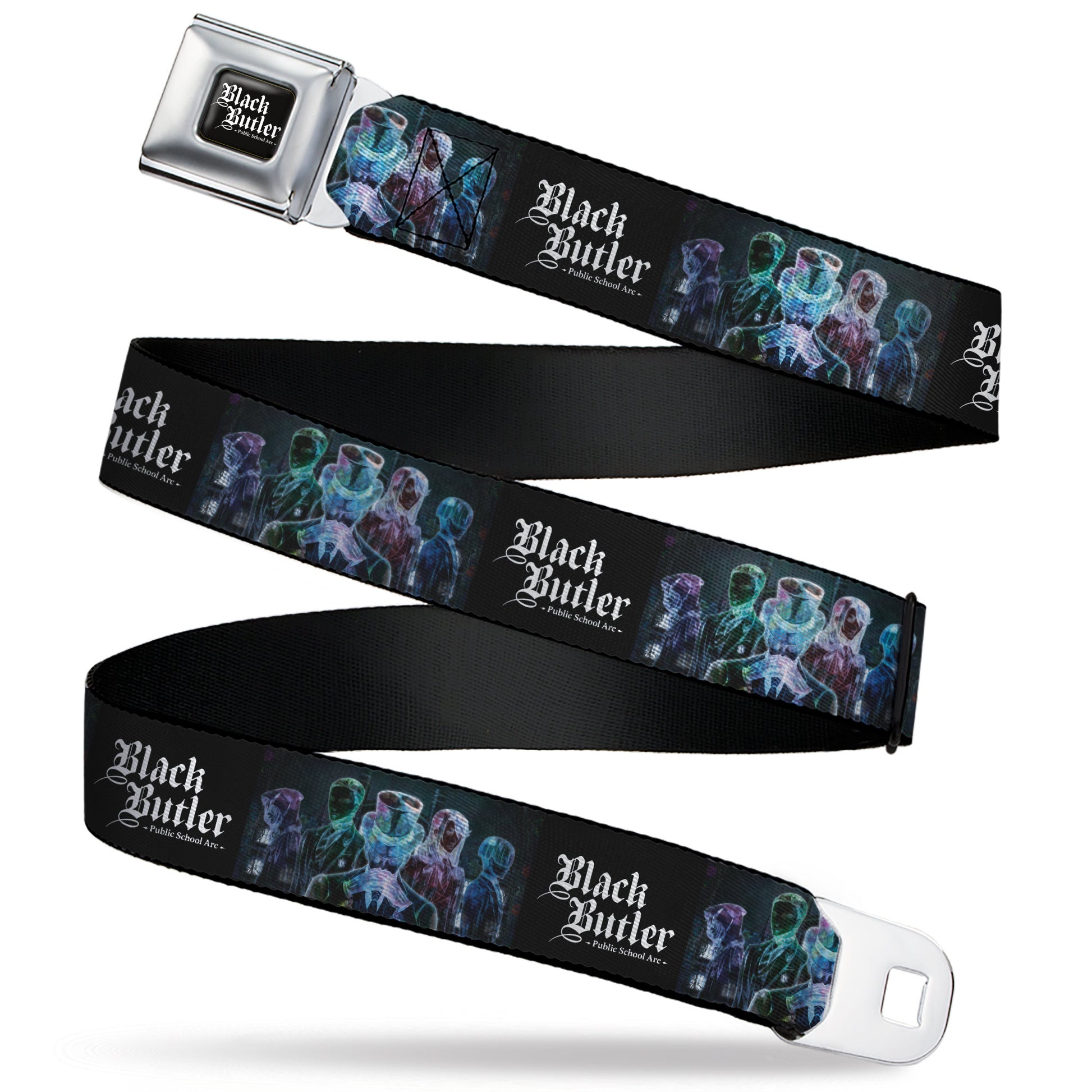 BLACK BUTLER PUBLIC SCHOOL ARC Title Logo Full Color Black/White Seatbelt Belt - BLACK BUTLER Five Character Group Pose and Title Logo Black Webbing Seatbelt Belts Black Butler