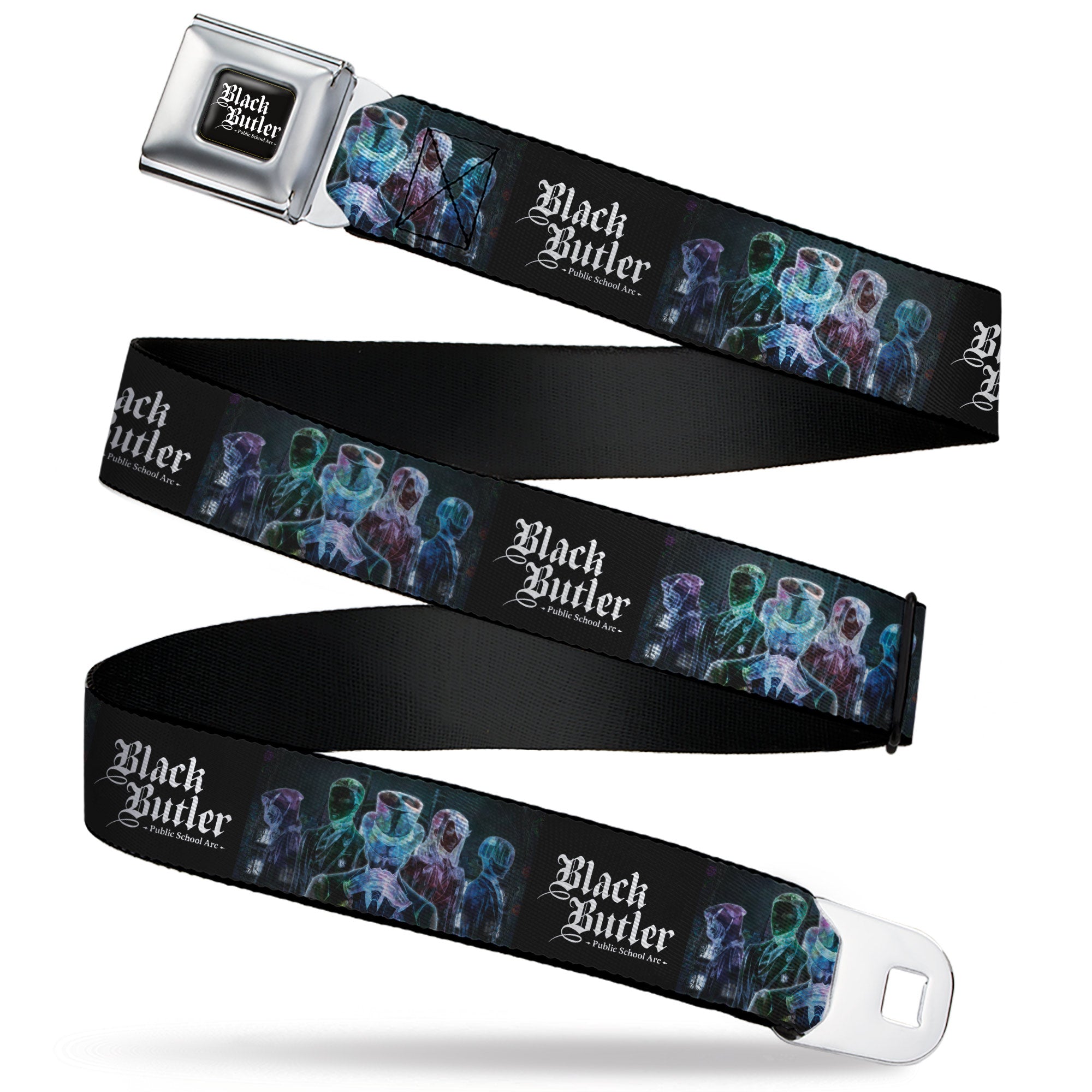 BLACK BUTLER PUBLIC SCHOOL ARC Title Logo Full Color Black/White Seatbelt Belt - BLACK BUTLER Five Character Group Pose and Title Logo Black Webbing Seatbelt Belts Black Butler