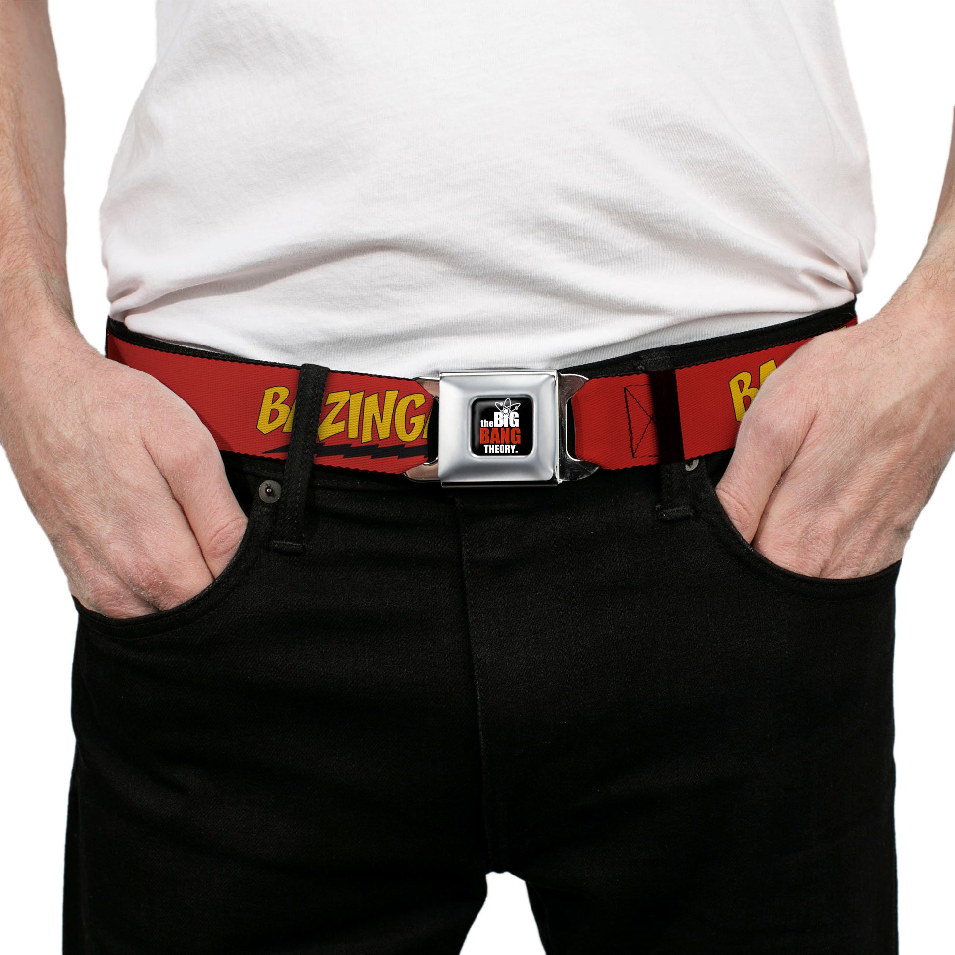 THE BIG BANG THEORY Full Color Black White Red Seatbelt Belt - BAZINGA! Red/Gold/Black Webbing Seatbelt Belts The Big Bang Theory