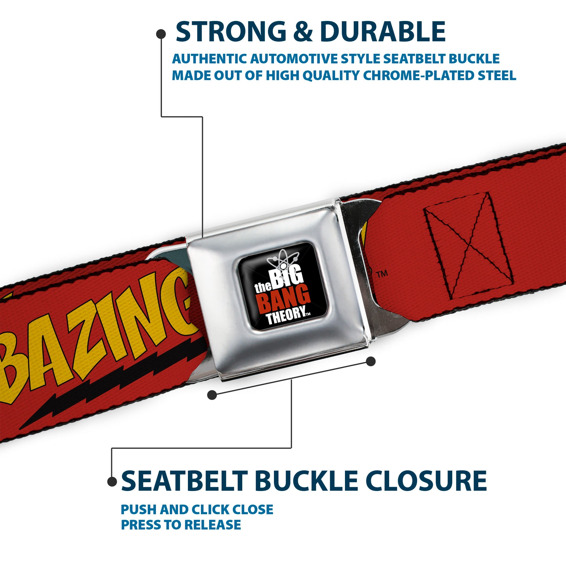 THE BIG BANG THEORY Full Color Black White Red Seatbelt Belt - BAZINGA! Red/Gold/Black Webbing Seatbelt Belts The Big Bang Theory