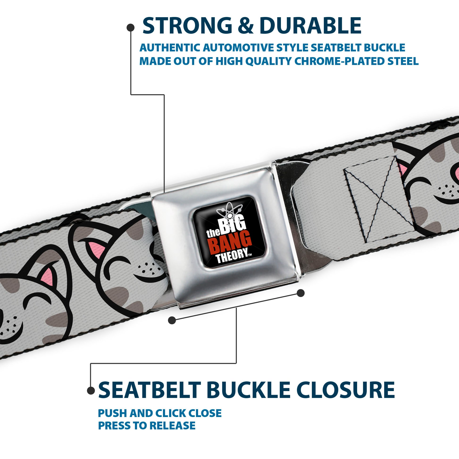 THE BIG BANG THEORY Full Color Black White Red Seatbelt Belt - Soft Kitty Face CLOSE-UP Gray Webbing Seatbelt Belts The Big Bang Theory