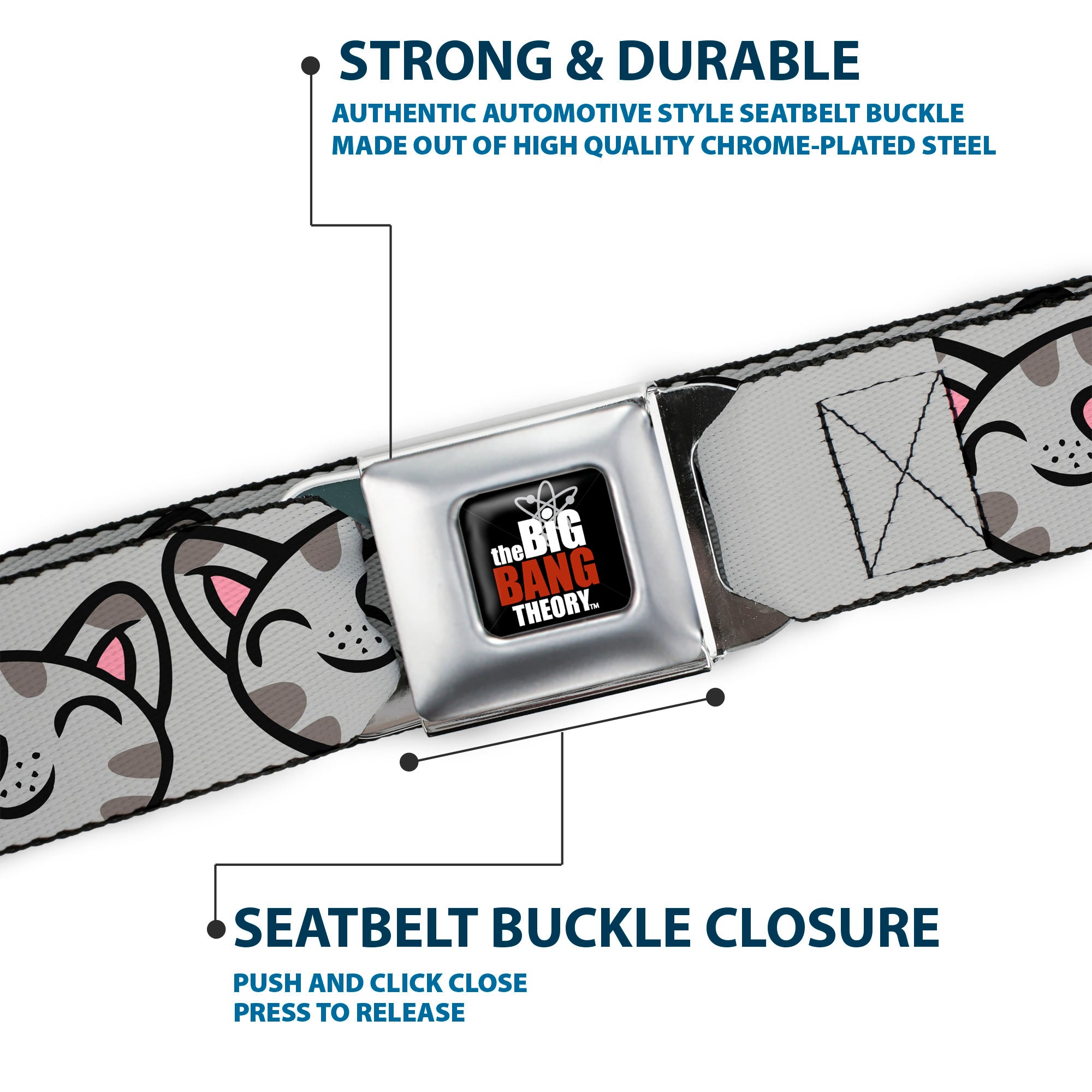 THE BIG BANG THEORY Full Color Black White Red Seatbelt Belt - Soft Kitty Face CLOSE-UP Gray Webbing Seatbelt Belts The Big Bang Theory