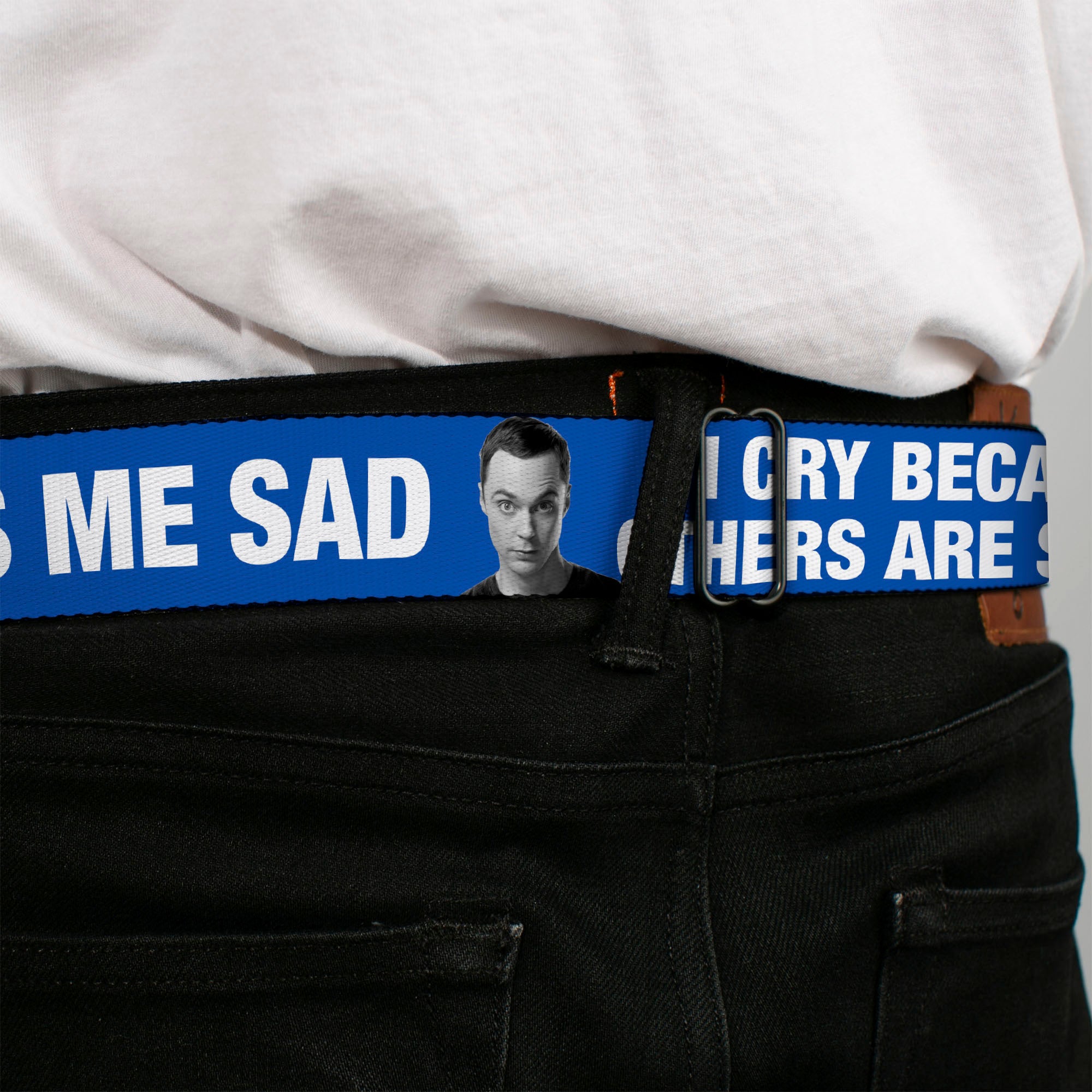 THE BIG BANG THEORY Full Color Black White Red Seatbelt Belt - Sheldon I CRY BECAUSE OTHERS ARE STUPID/THAT MAKES ME SAD Blue/White Webbing Seatbelt Belts The Big Bang Theory