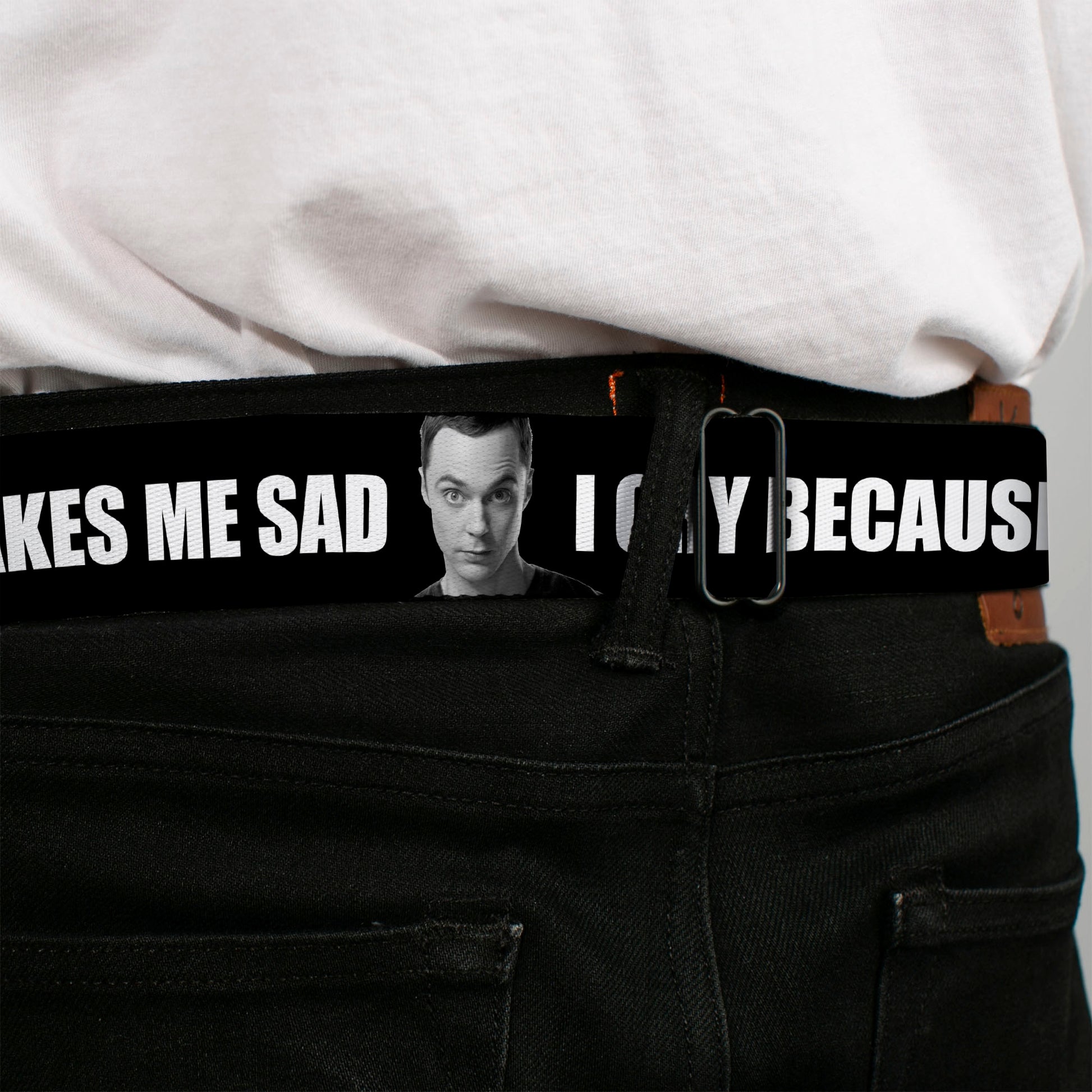 THE BIG BANG THEORY Full Color Black White Red Seatbelt Belt - Sheldon I CRY BECAUSE OTHERS ARE STUPID/THAT MAKES ME SAD Black/White Webbing Seatbelt Belts The Big Bang Theory