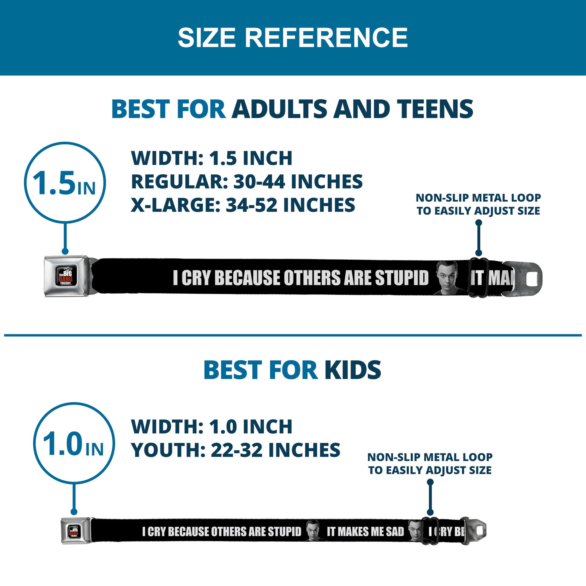 THE BIG BANG THEORY Full Color Black White Red Seatbelt Belt - Sheldon I CRY BECAUSE OTHERS ARE STUPID/THAT MAKES ME SAD Black/White Webbing Seatbelt Belts The Big Bang Theory