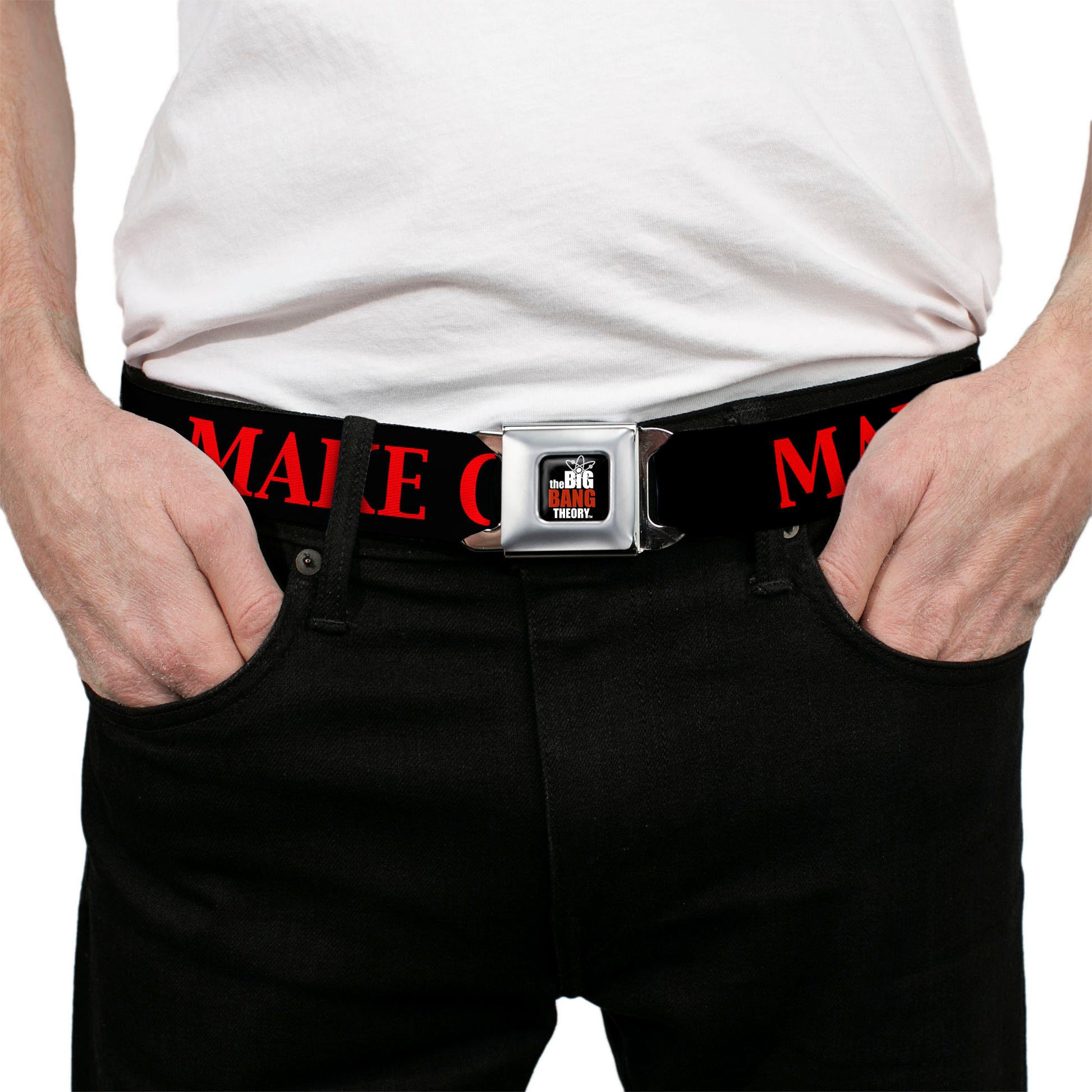 THE BIG BANG THEORY Full Color Black White Red Seatbelt Belt - BBT MAKE COITUS/Atom/NOT WAR Black/Red/White Webbing Seatbelt Belts The Big Bang Theory