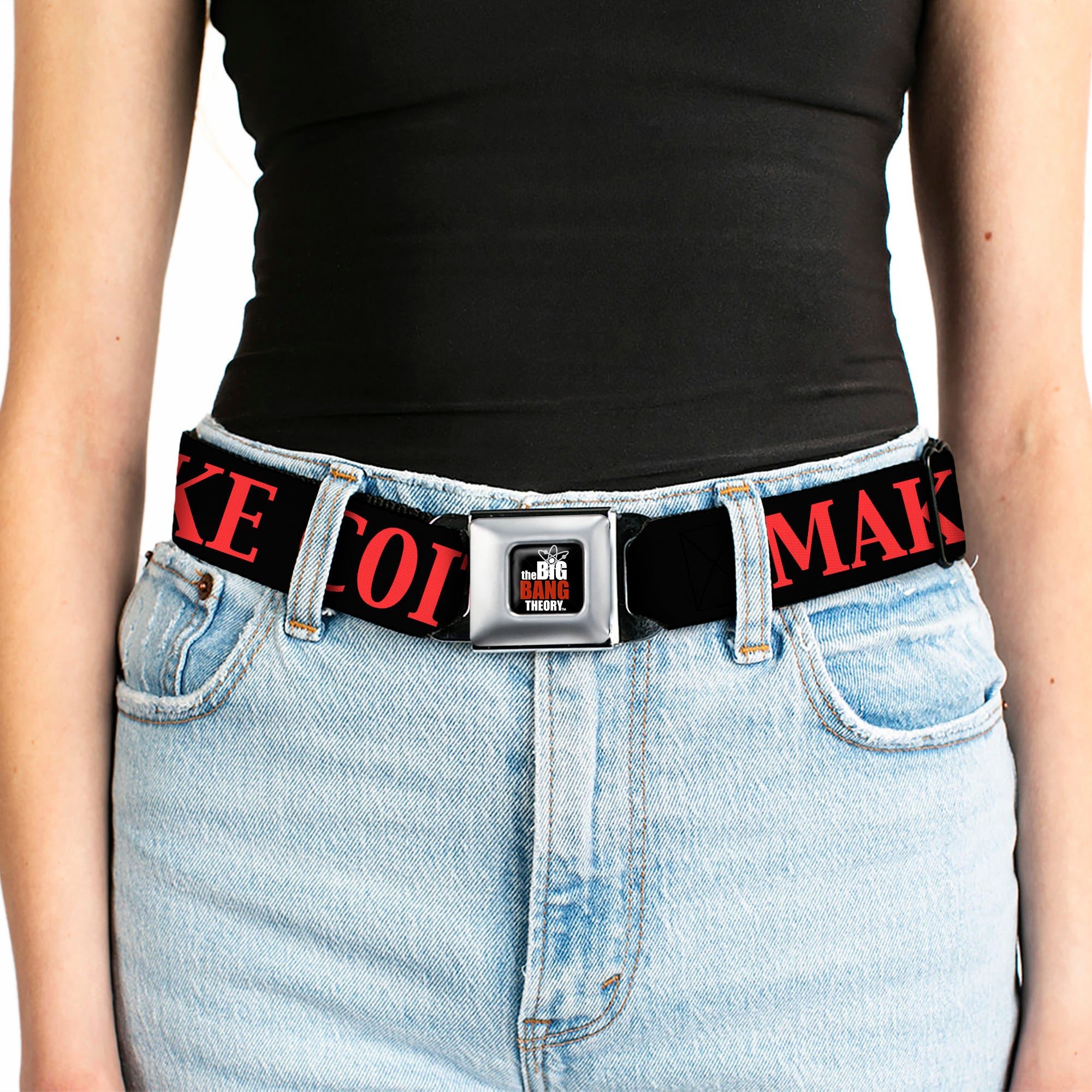 THE BIG BANG THEORY Full Color Black White Red Seatbelt Belt - BBT MAKE COITUS/Atom/NOT WAR Black/Red/White Webbing Seatbelt Belts The Big Bang Theory