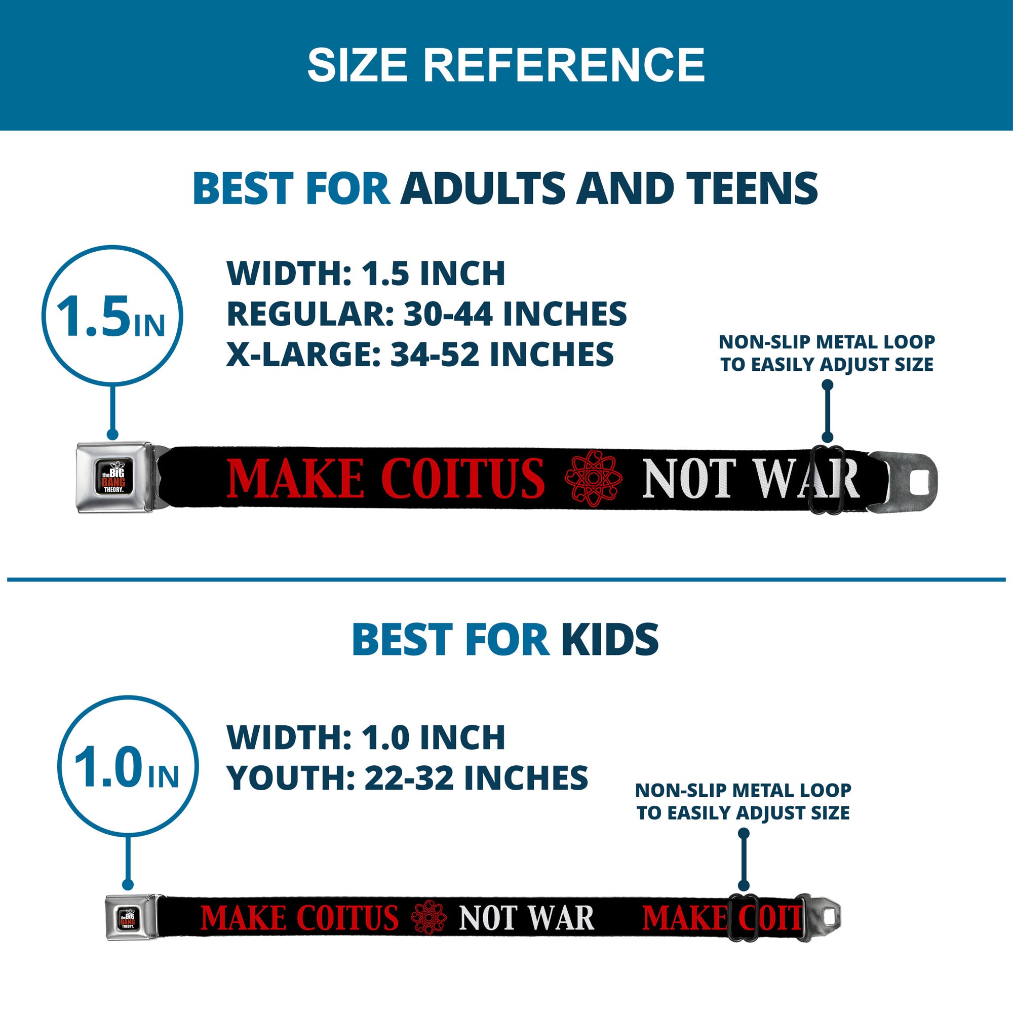 THE BIG BANG THEORY Full Color Black White Red Seatbelt Belt - BBT MAKE COITUS/Atom/NOT WAR Black/Red/White Webbing Seatbelt Belts The Big Bang Theory
