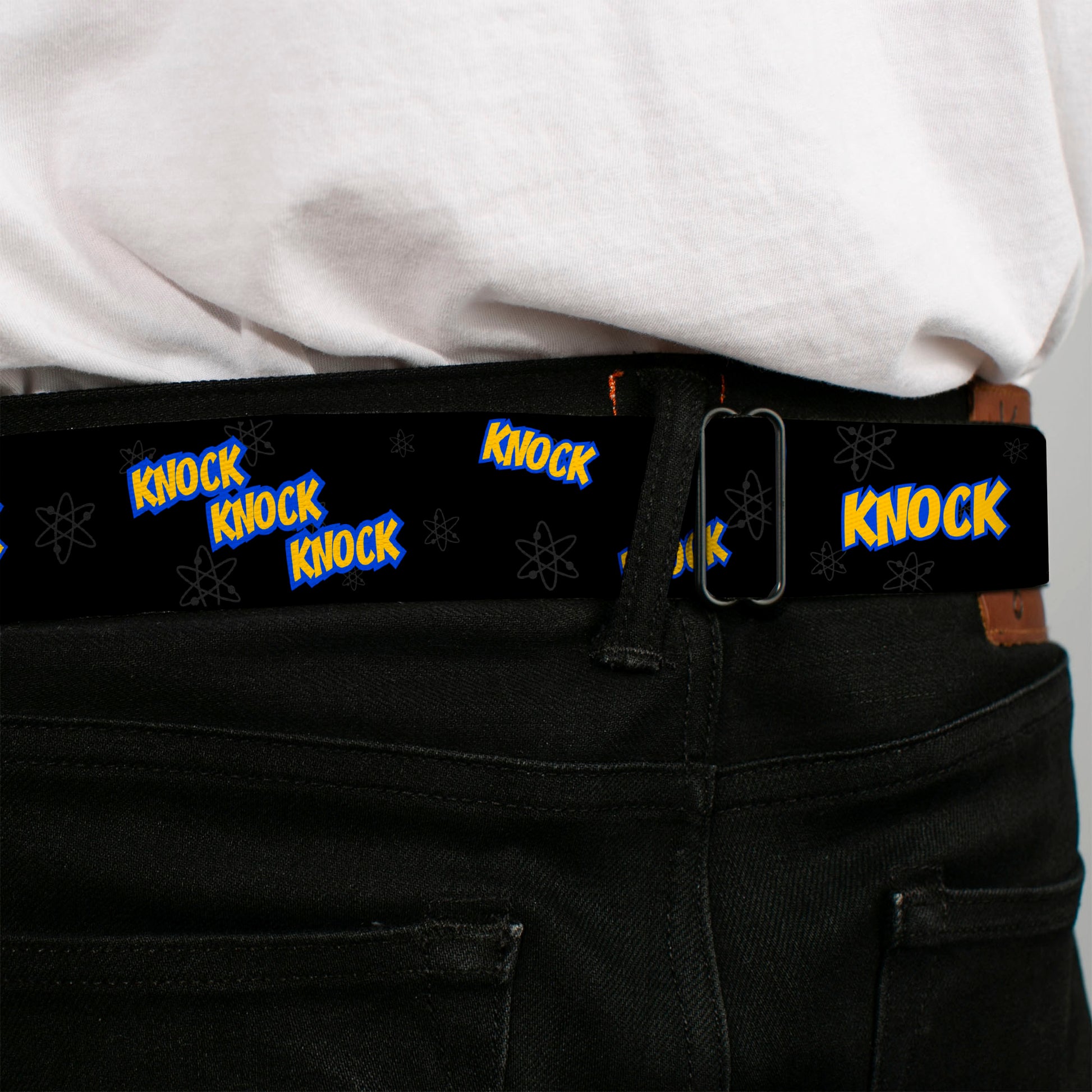 THE BIG BANG THEORY Full Color Black White Red Seatbelt Belt - KNOCK KNOCK KNOCK/Atoms Black/Gray/Blue/Yellow Webbing Seatbelt Belts The Big Bang Theory